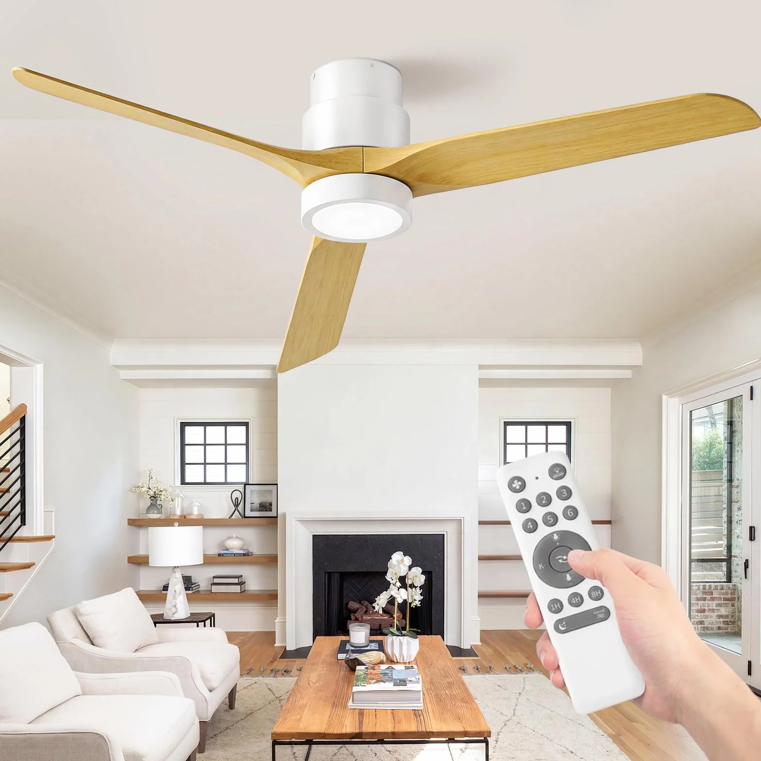 Ateroll Ventilador de Techo con Luz Silencioso, 132cm ABS Ventiladores de Techo con Luz y Mando a Distancia, Velocidades, Temporizador, Función Verano-invierno, para Dormitorio Salón Exterior Terraza