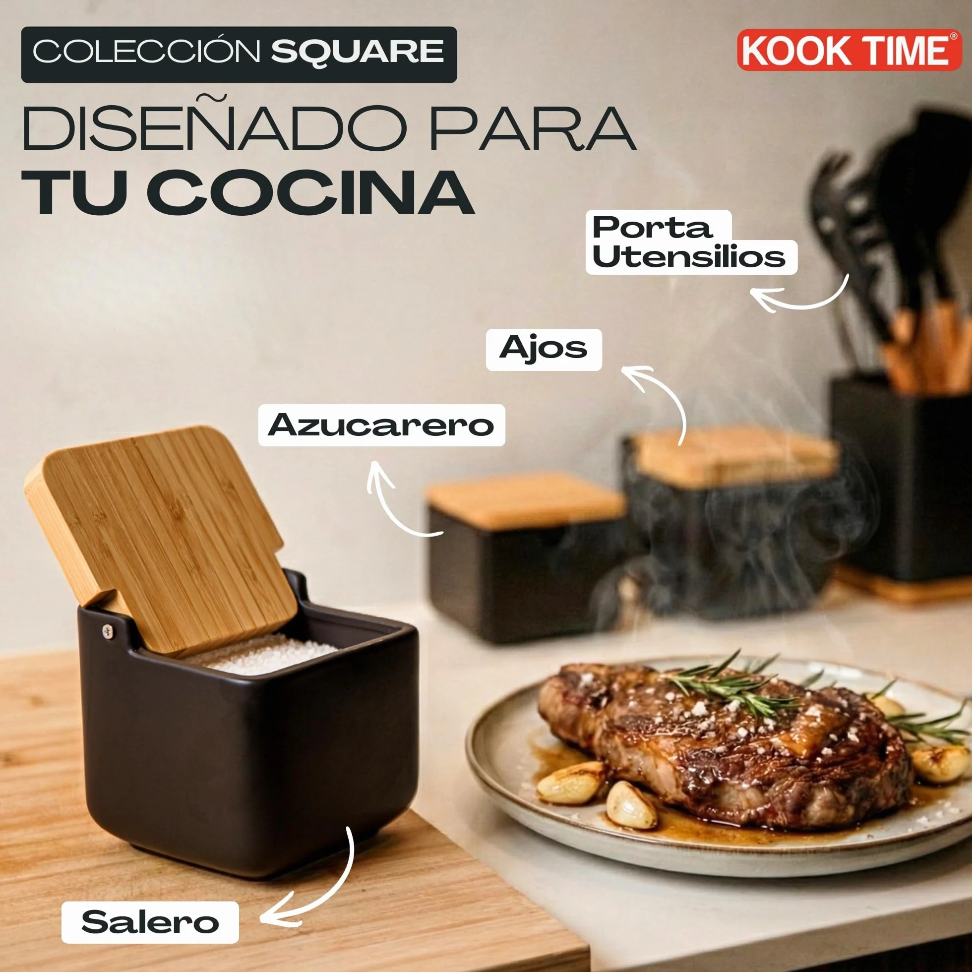 Salero de cocina con tapa de madera de bambú basculante negro cerámica mate 11.5 x 11.5 x 11.5 cm