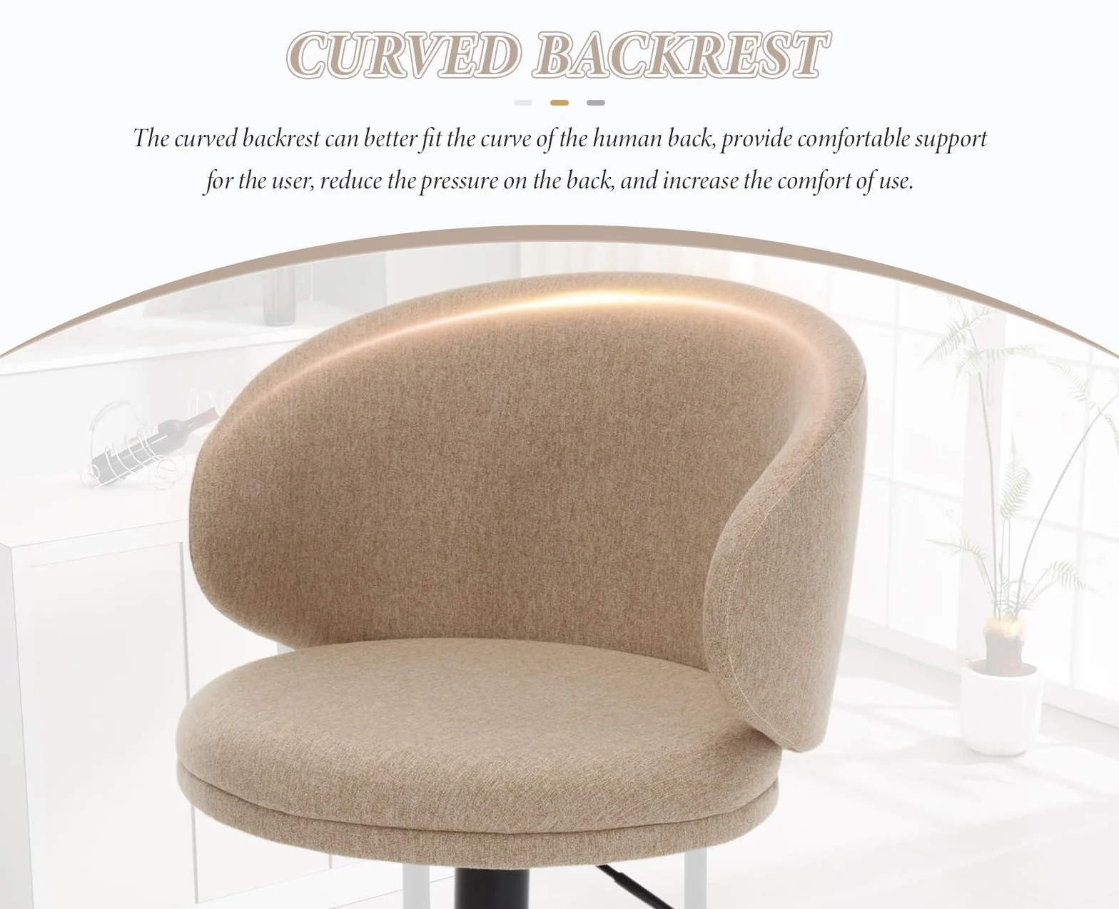 chairus Juego 2 de Taburetes de Bar Altura Ajustable Taburetes de Cocina Moderno con Respaldo, Sillas Altas Mostrador Tapizadas de Tela Taburetes Barra Cómodo con Base de Metal para Hogar, Caqui