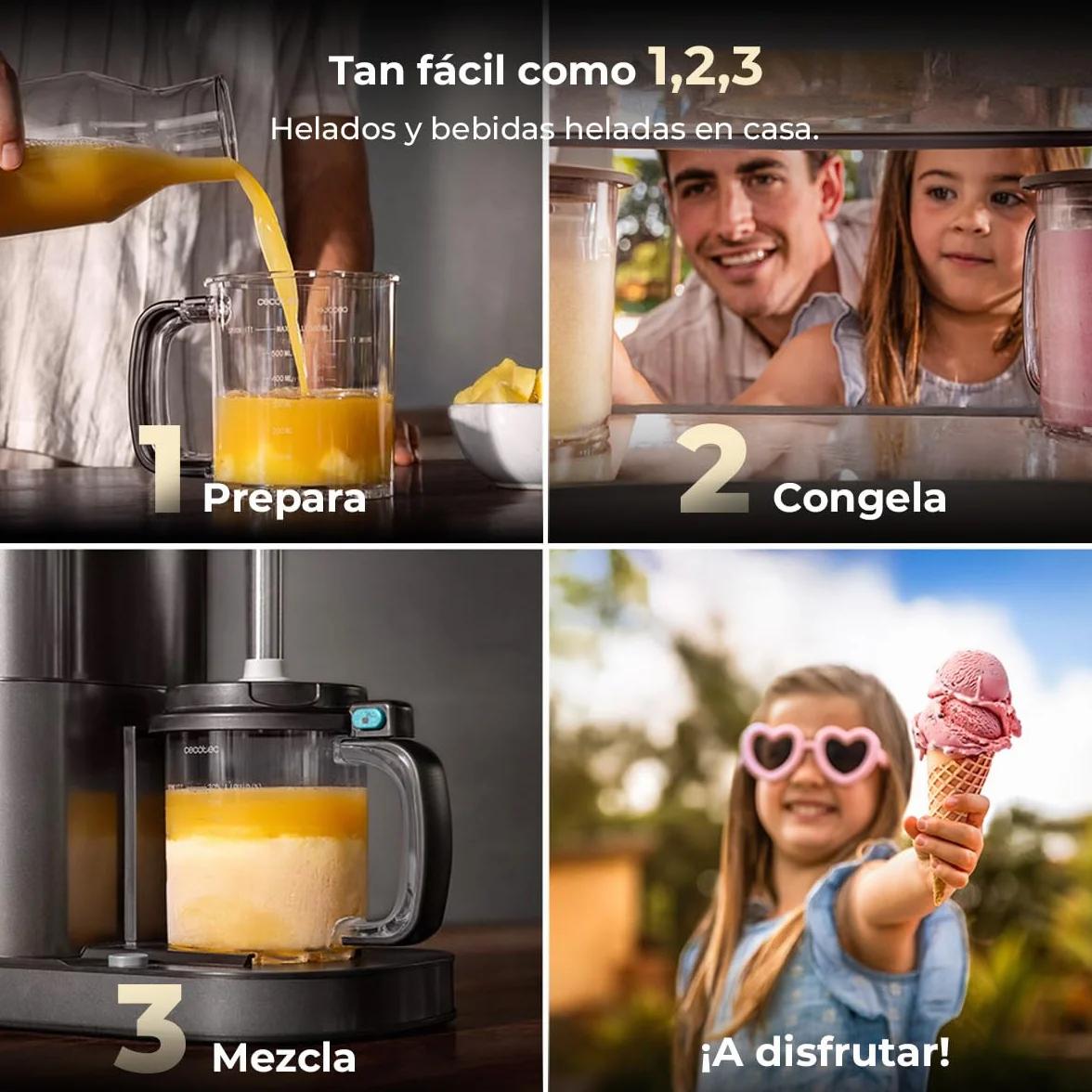 Cecotec Heladera Multifunción Capacidad 2,1L, 3 Tarrinas, Gelatec 2100. 500W, 11 Programas de Helado y Bebidas Granizadas, Tecnología CreamOn y Re-spin, Pantalla Táctil, Incluye Recetario Digital