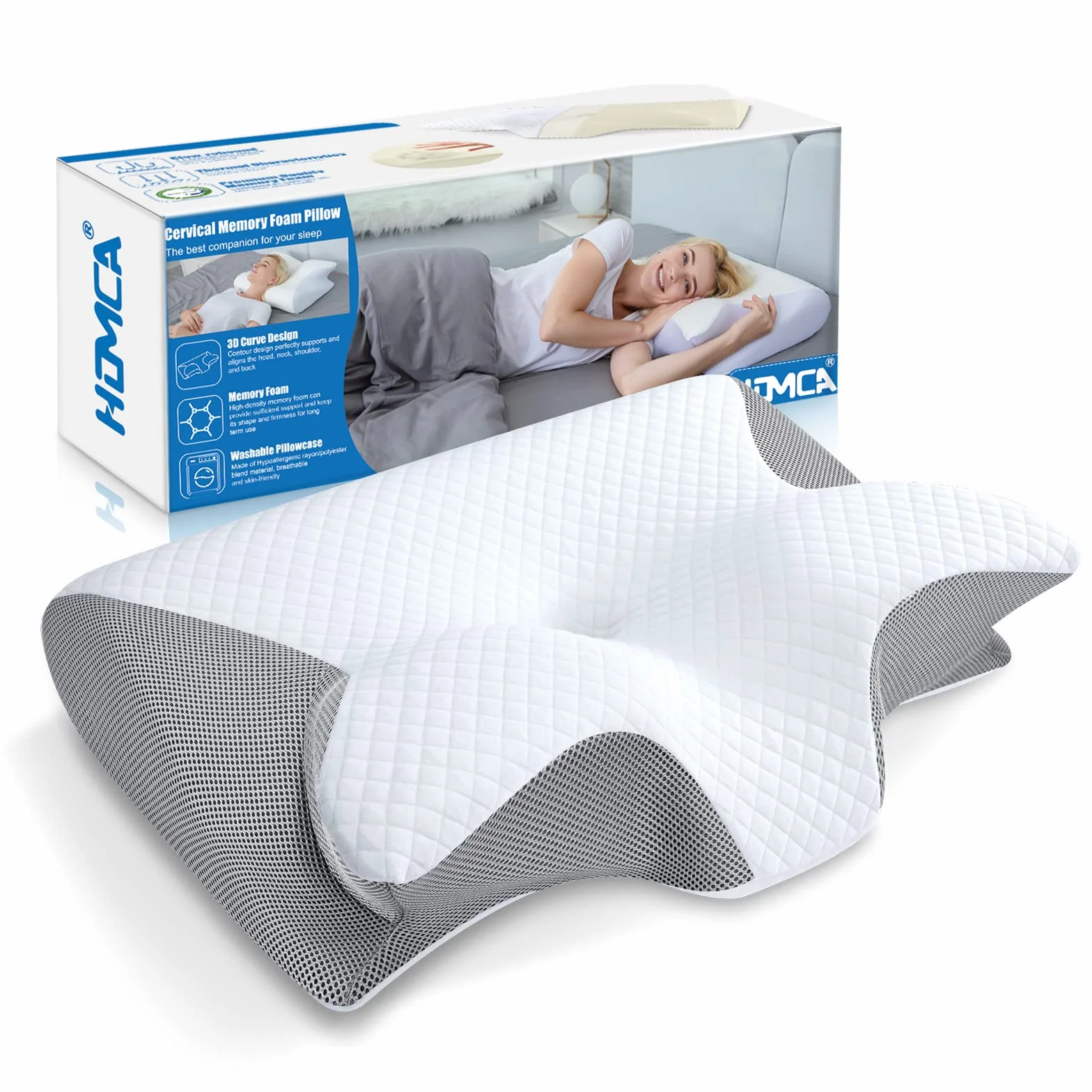 HOMCA Almohada Cervical 2 en 1 Ergonómico Espuma de Memoria 60x40x12/14cm Gris