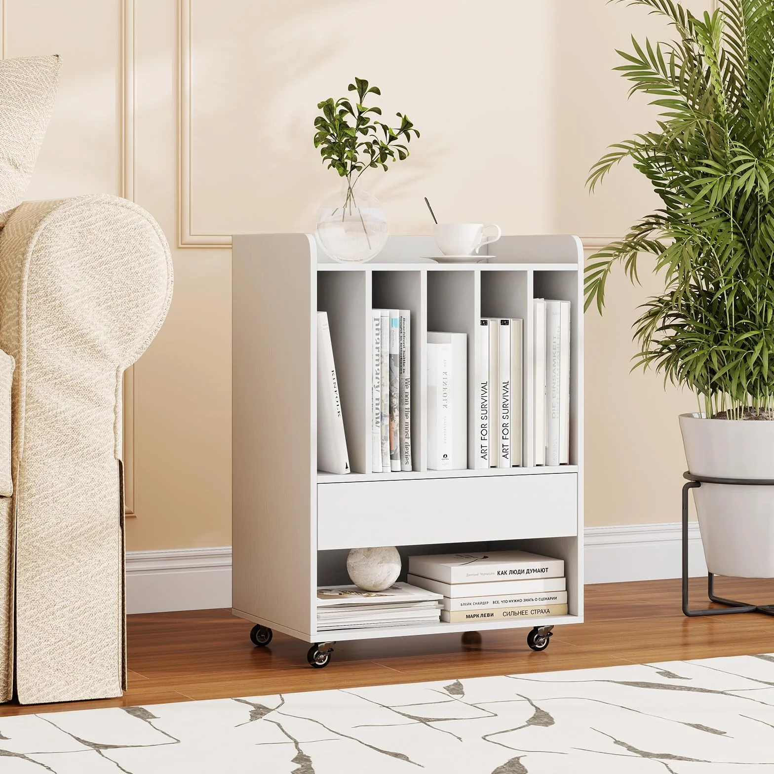 KOMFOTTEU Soporte para Tocadiscos con Ruedas, Mesa Auxiliar, 5 Compartimentos, Cajón, Estante Inferior, Ganchos, Armario de Almacenamiento, 52 x 35,5 x 73 cm, Blanco