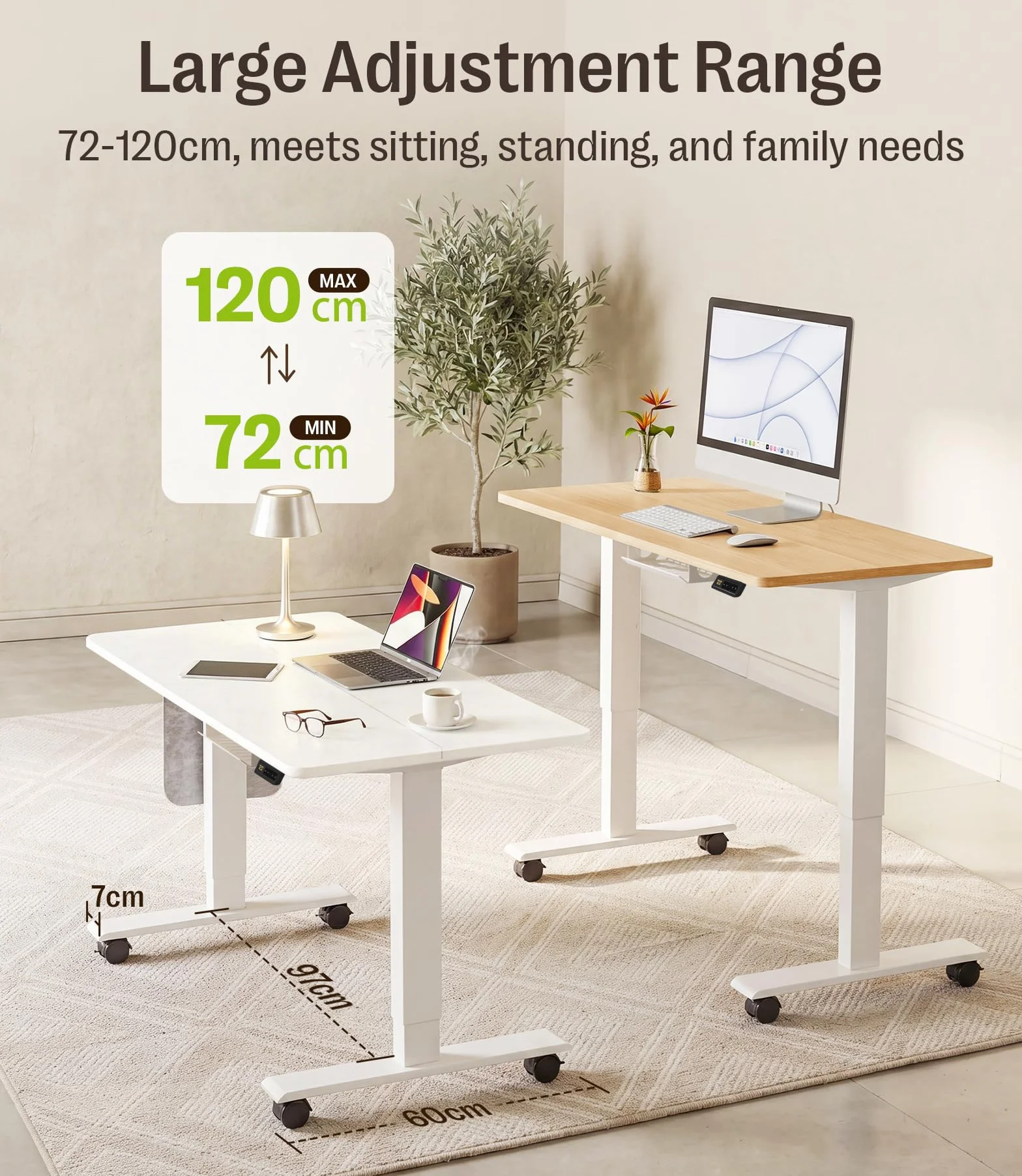 MAIDeSITe Mesa Elevadora Eléctrica de Altura Ajustable, 120 x 60 cm Mesa de Pie y Sentado con Bandeja para Cables, Gancho y Bolsillos de Almacenamiento, Mesa Elevadora con Controlador de Memoria