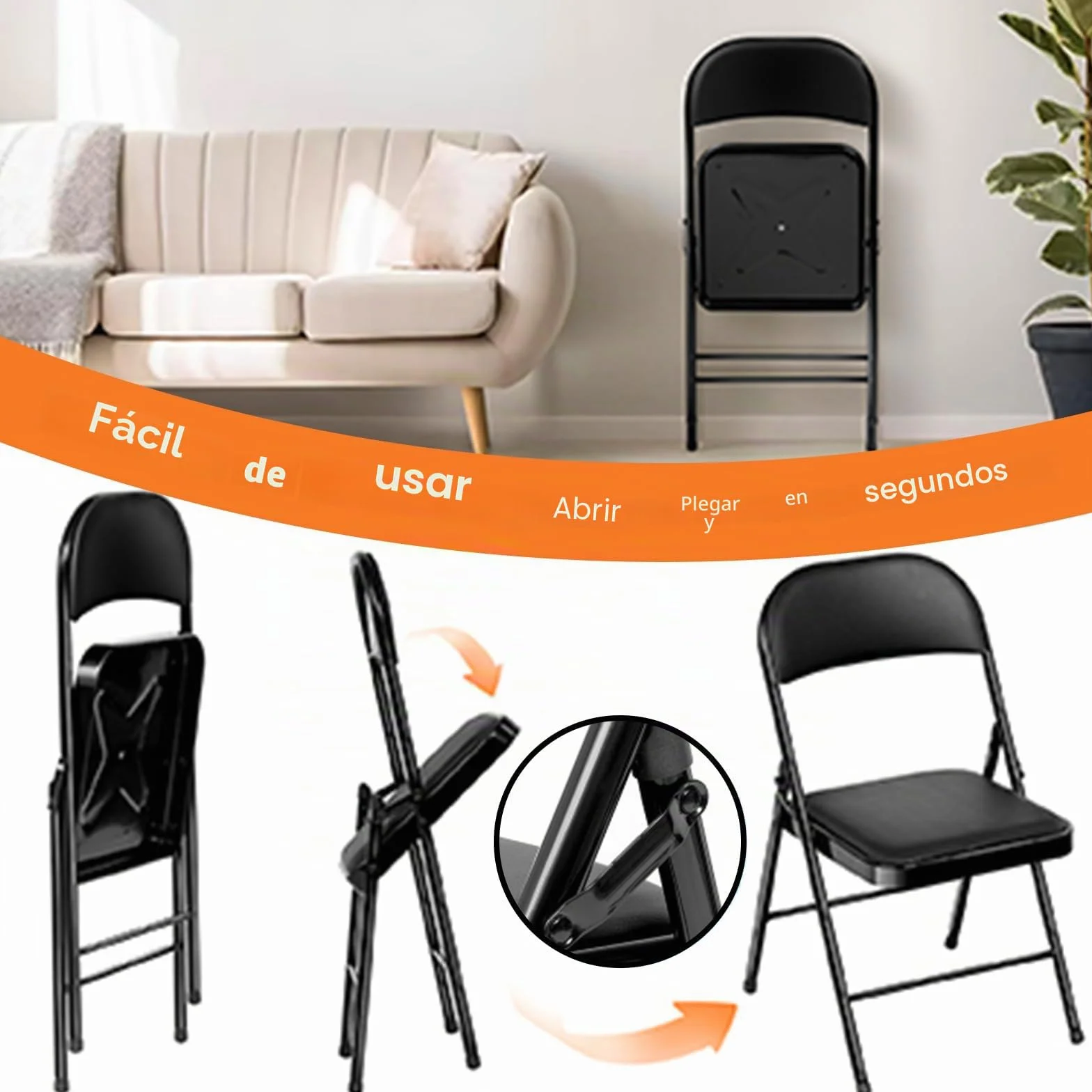Set de 6 Sillas Plegables –Sillas de Comedor, Jardín, Camping, Plegables, para Balcón, Sala de Estar, Restaurante y Conferencias, Ergonómicas, hasta 158 kg, Negro