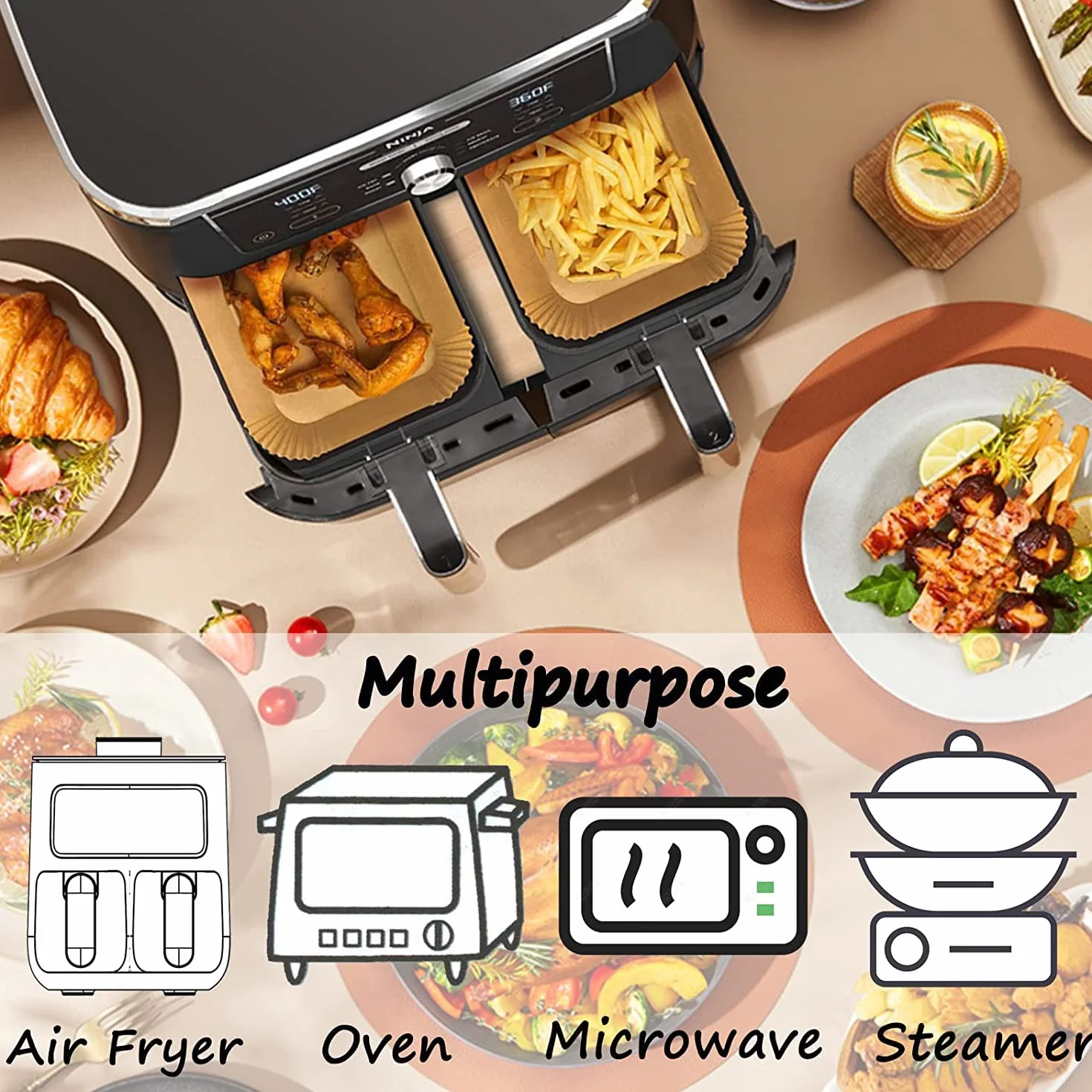 Papel para Freidora de Aire 20,5x14cm 100 Piezas Rectangular Compatible con Cecotec Ninja Cookwise