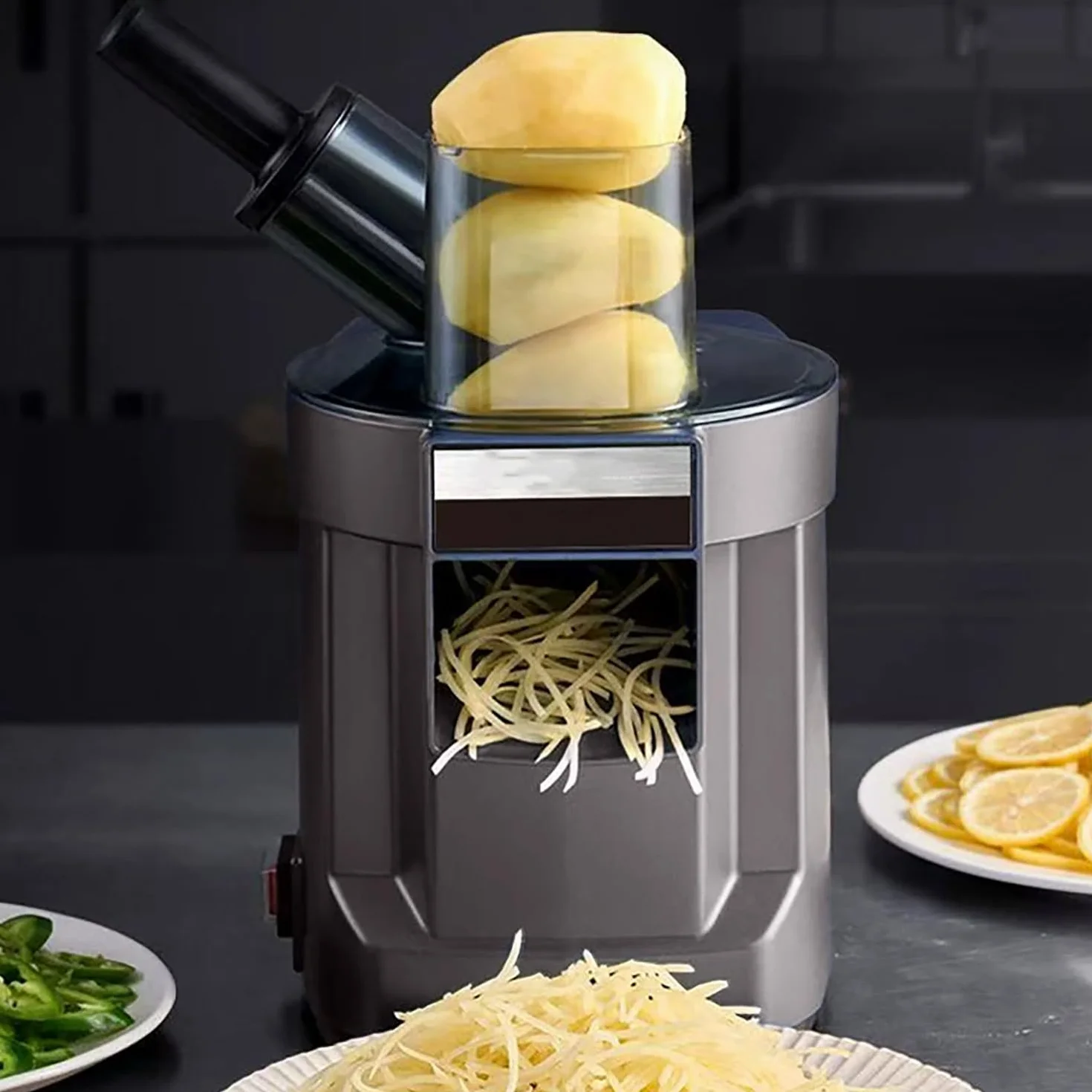 Cortador de Verduras eléctrico 4 en 1 de Uso Profesional, picadora eléctrica de Alimentos Resistente con rebanar, Cortar en Dados, rallar y Cortador de Patatas, Doble Entrada XL