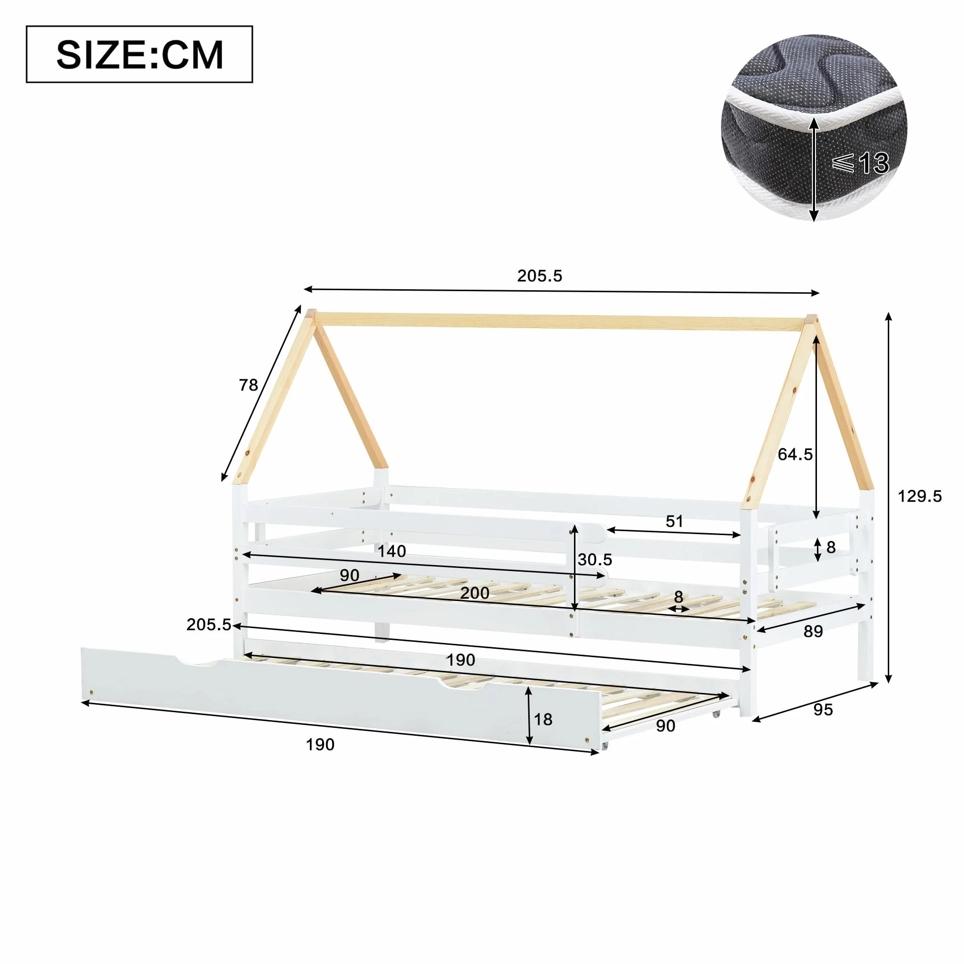 Lexiou Estructura Cama, Diseño Multifuncional con Brochadora，Cama Doble, 90 x 200 y 90 x 190 cm，Apto para Niños o Adolescentes.