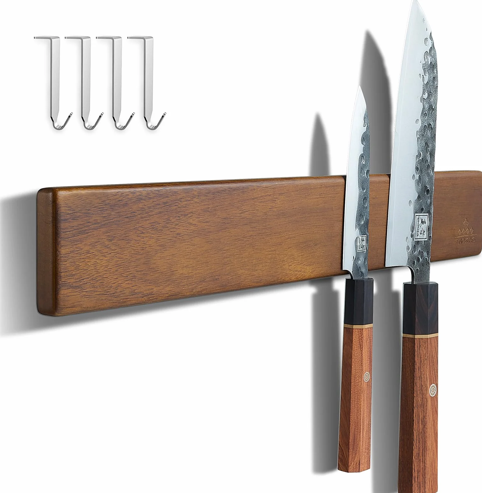 ENOKING Barra Magnetica para Cuchillos 40 cm, Soporte Imán de Madera de Acacia con Ganchos