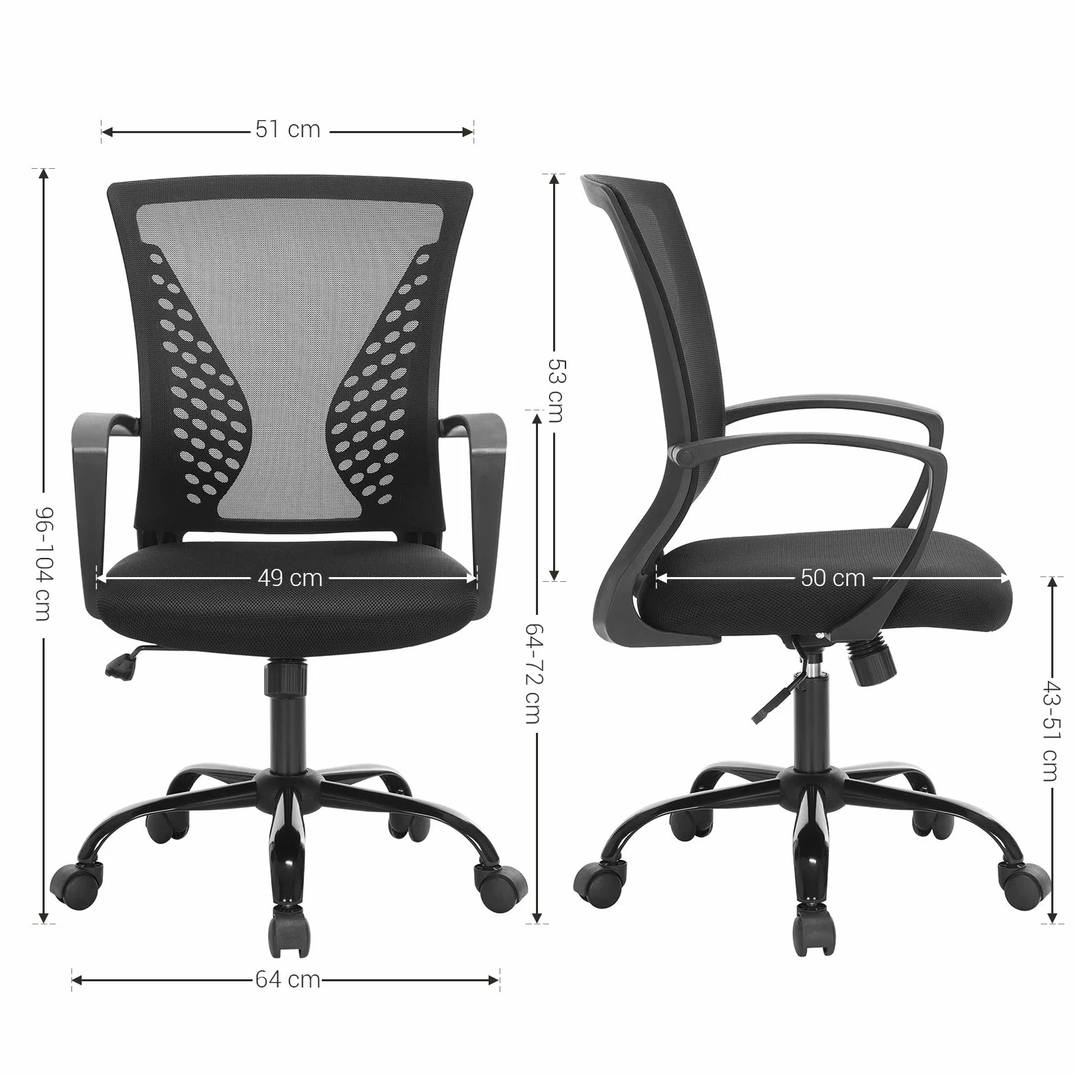 SONGMICS Silla Giratoria Oficina Regulable Altura Respaldo Malla Transpirable Carga Máx 120 kg Negro OBN22BK 58x60,5x(96-104) cm