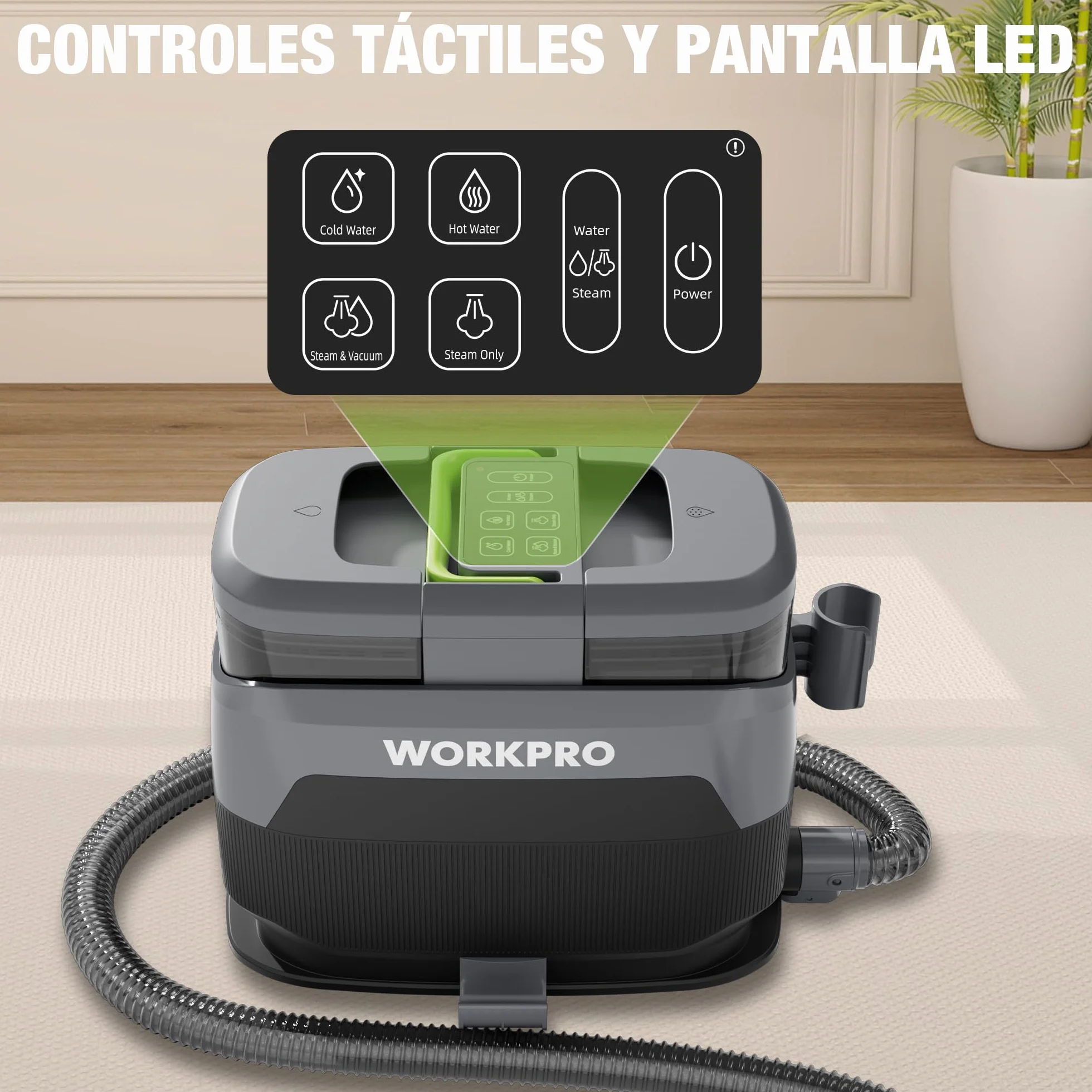 WORKPRO Limpiador de Tapicerías y Alfombras a Vapor con Aspirador 4 en 1, Potente Succión 16 kPa, Accesorios para Suciedad de Mascotas, Sofás, Colchones, Cortinas, Asientos de Coche