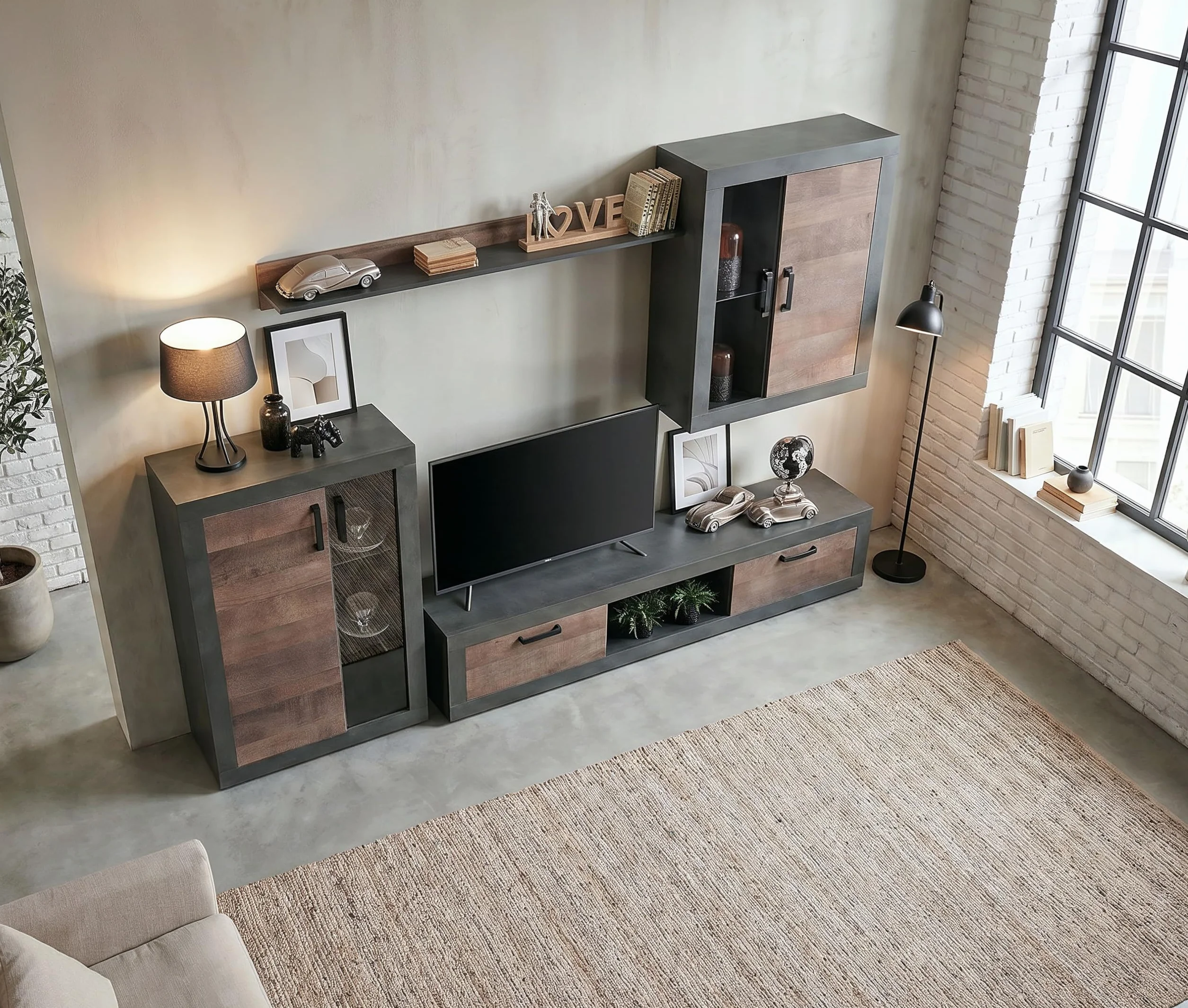 Homely - Mueble de Salón Modular Duke | Conjunto 4 Muebles 300 cm. | Muebles Salón Completo | Mueble para Televisión + Mueble Bajo + Mueble Alto + Estantería Alta | Color Nogal y Grafito
