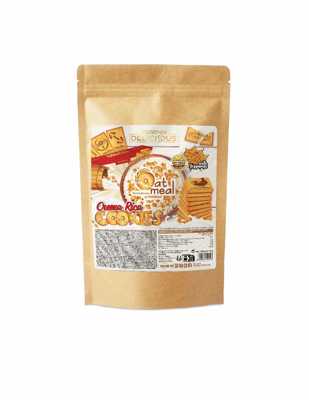 iO.GENIX Harina de Avena Integral 1kg Proteína Bajo Azúcares Crema Rica Cookies