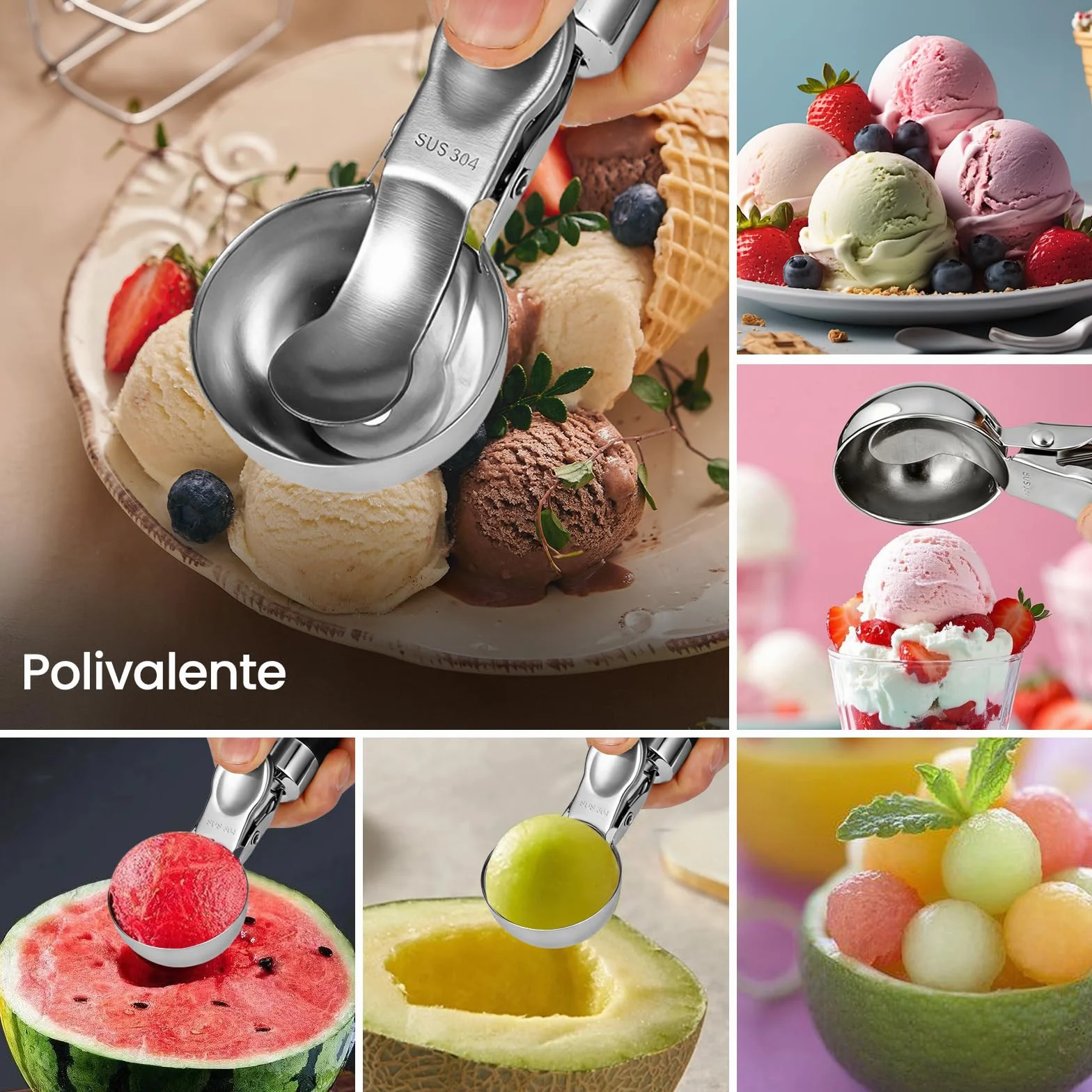 Cuchara Helado de Acero Inoxidable 21 cm, Sacabolas con Gatillo y Mango Cómodo, Pulido Espejo