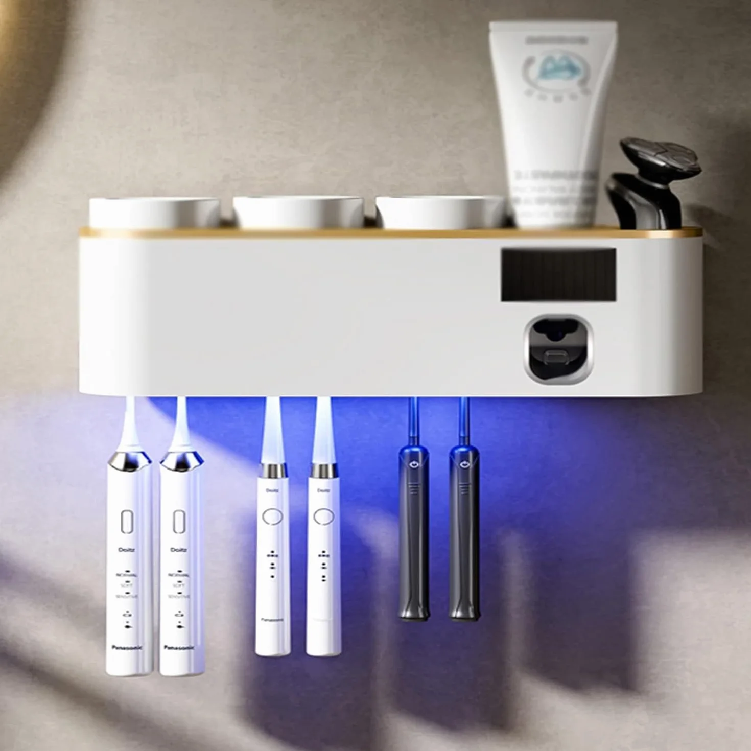Esterilizador de cepillo de dientes y dispensador de pasta de dientes, montaje en pared, recargable de 1800 mAh, organizador de cepillo de dientes USB para baño familiar