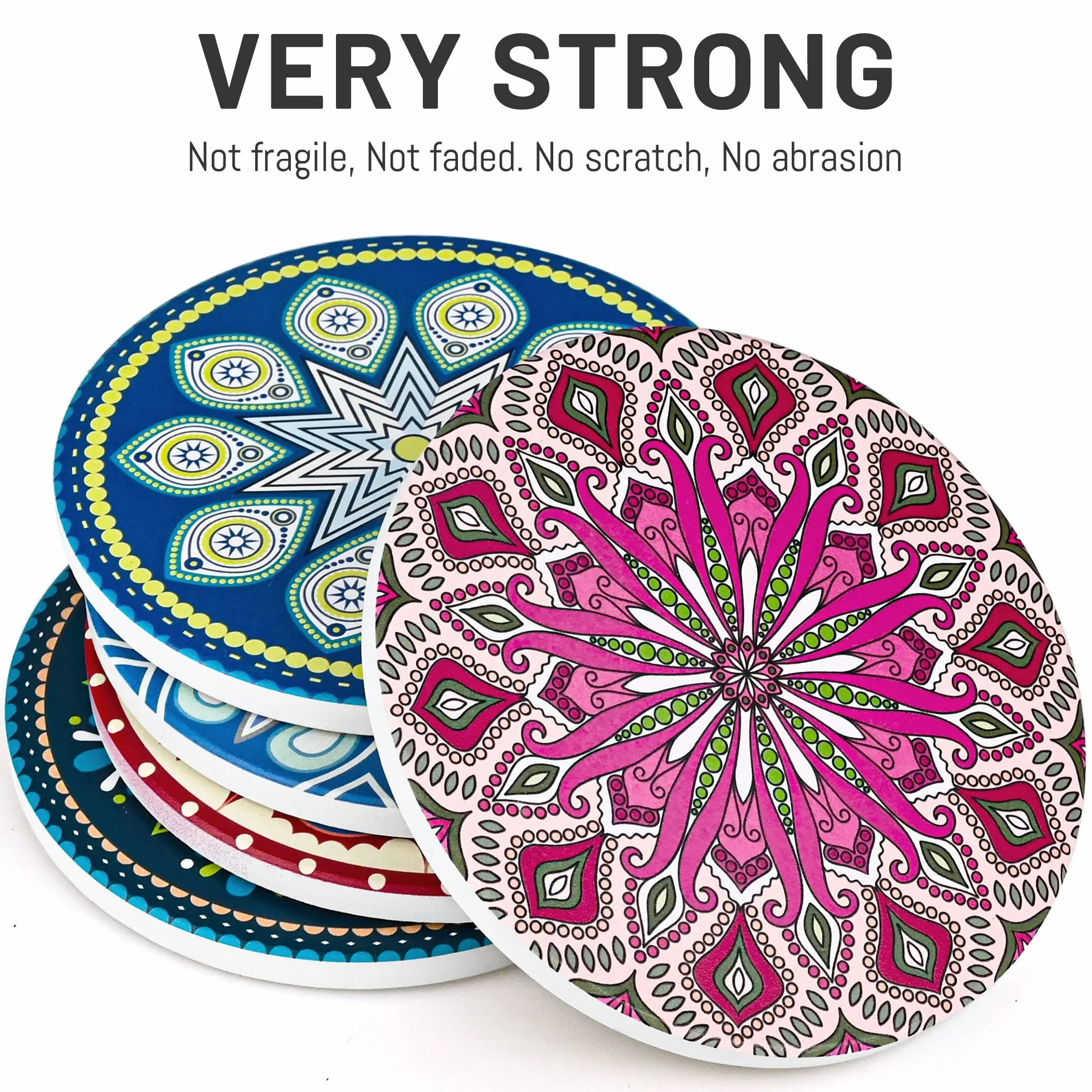 Mandala Juego 8 Posavasos Cerámica Redondos 4 Pulgadas Soporte Bebidas Absorbente Base Corcho Antideslizante