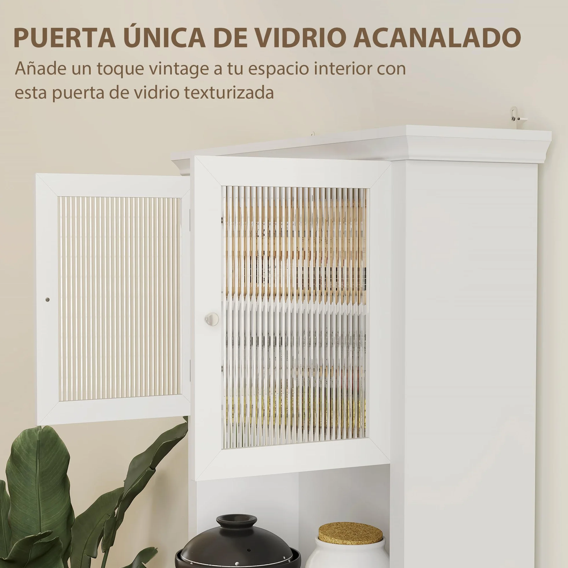 HOMCOM Alacena de Cocina Moderna Armario de Cocina con 1 Cajón 2 Puertas de Vidrio y Estantes Ajustables Carga 50 kg para Comedor Salón 79x40x180 cm Blanco