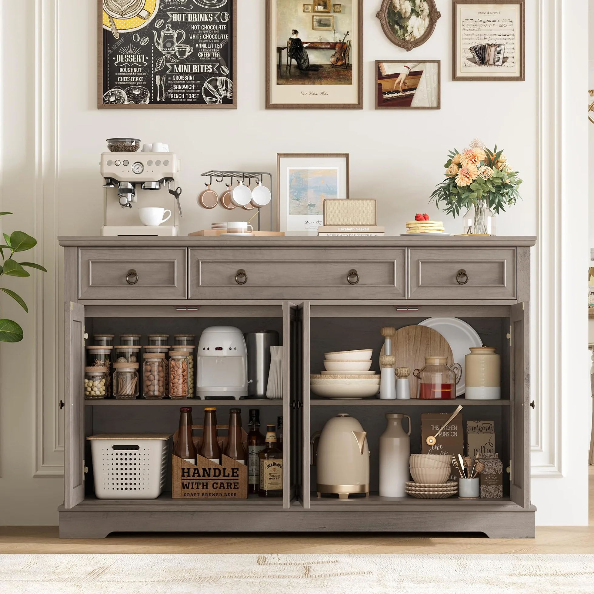 FirFurd Aparador Cocina, Armario de Almacenaje Comedor, Mueble Auxiliar de Cocina, Mueble Aparadores Salón con 3 Cajones y 4 Puertas, Estantes Ajustables 134x40x87cm Marrón