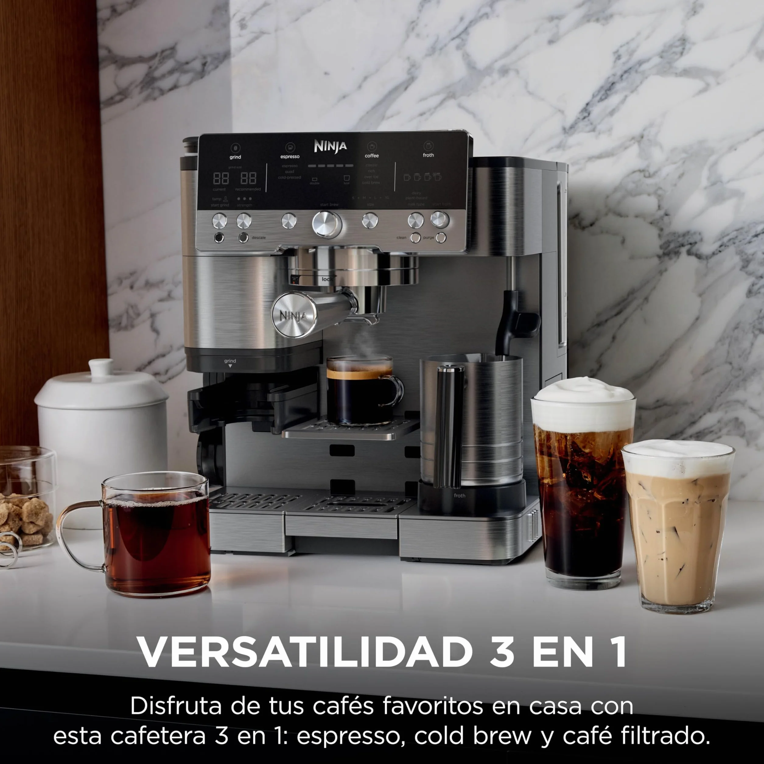 Ninja Luxe Premier Cafetera 3 en 1 Espresso Cold Brew Café Filtro Molinillo Espumador 25 Ajustes Molienda Plata ES601EU