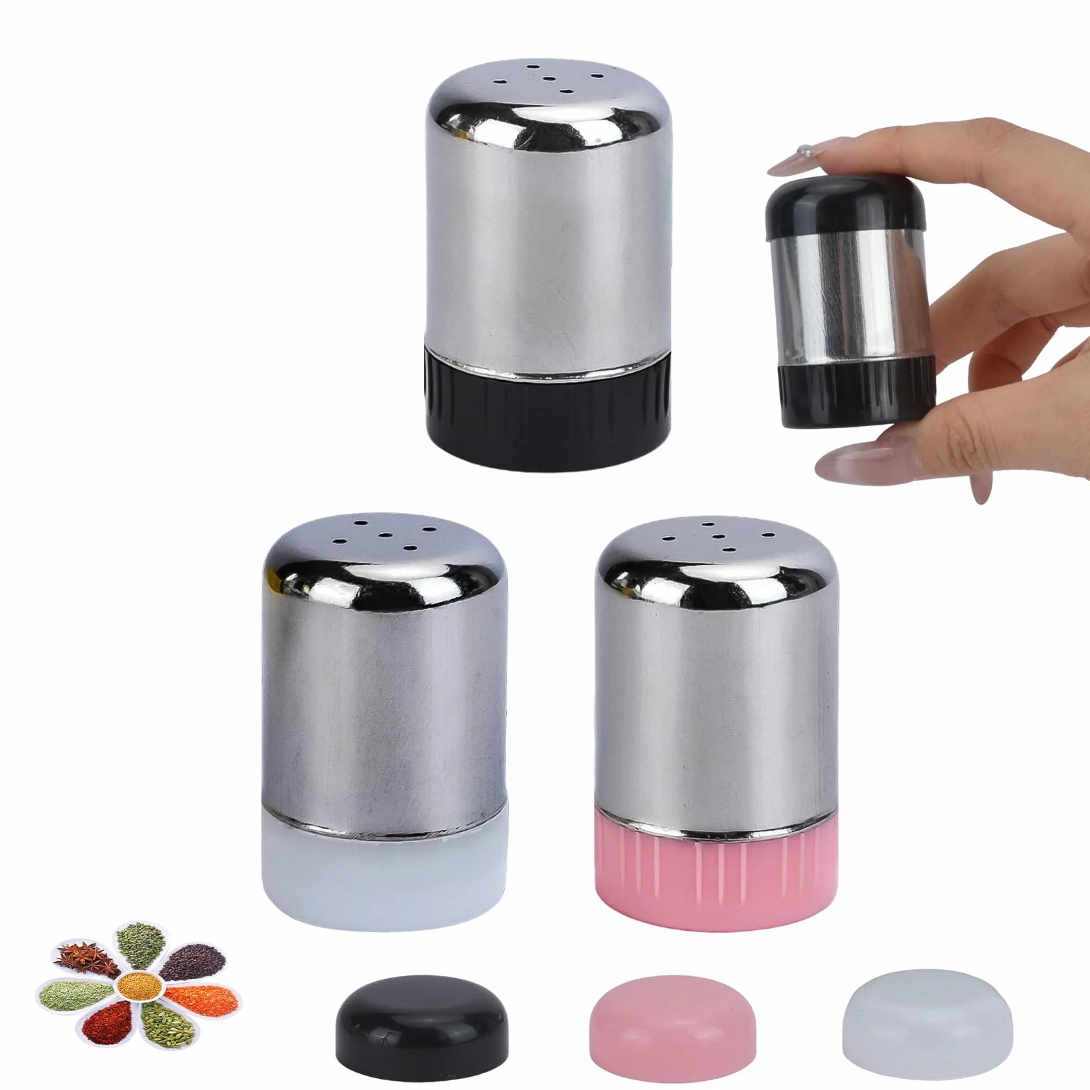 WRENYZK 3 unidades mini salero pequeño con tapa para viajes, acero inoxidable salero y pimentero pequeño con 5 agujeros para restaurantes, viajes, camping, bento box y barbacoa al aire libre
