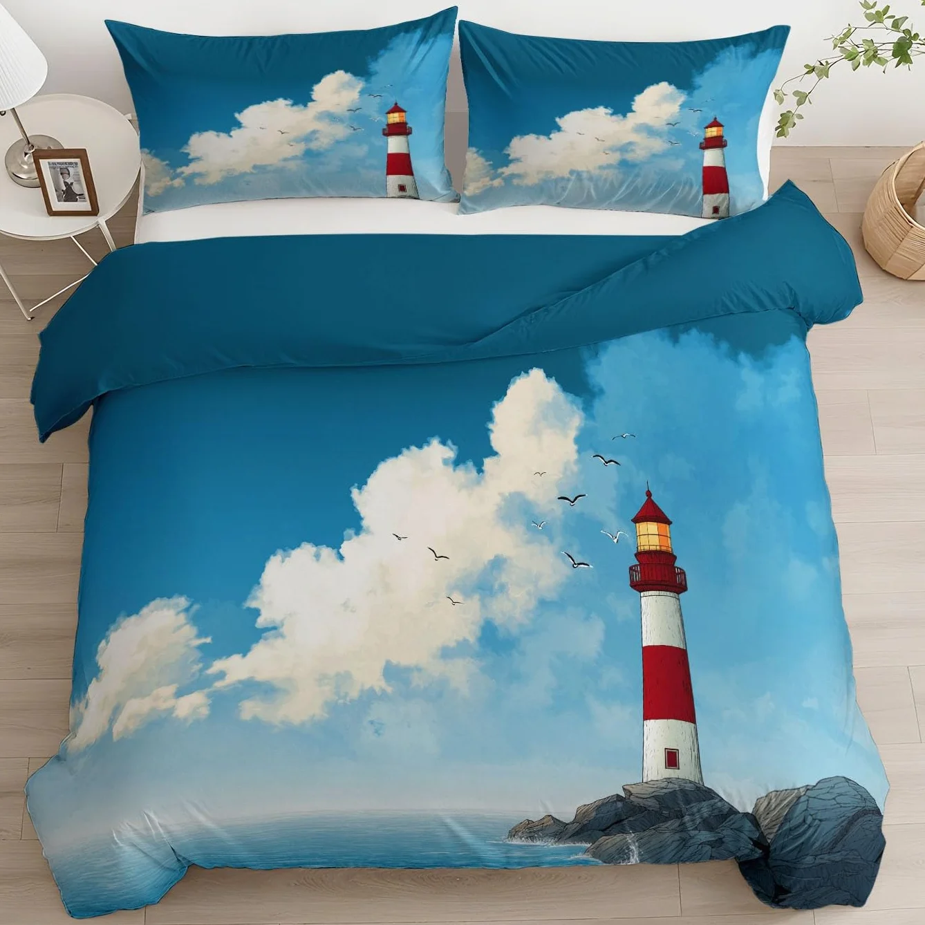 Azul Funda Nordica 240x260 cm Dibujos Animados Faro Mar Microfibra Cepillada con 2 Fundas de Almohada de 50x75 cm, Transpirable Suave Antialérgica Juego de Funda Edredón para Cama Doble