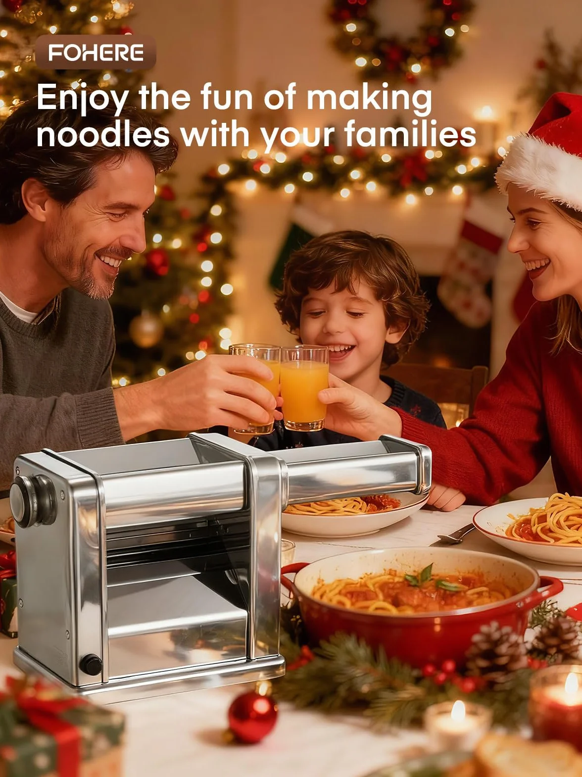 FOHERE Máquina de Pasta Fresca Eléctrica con 2 Cuchillas (1.5 mm/6.6 mm) y 7 Grosores Ajustables de 0.5-3 mm, Acero Inoxidable para Hacer Fideos Espaguetis Raviolis, Plata