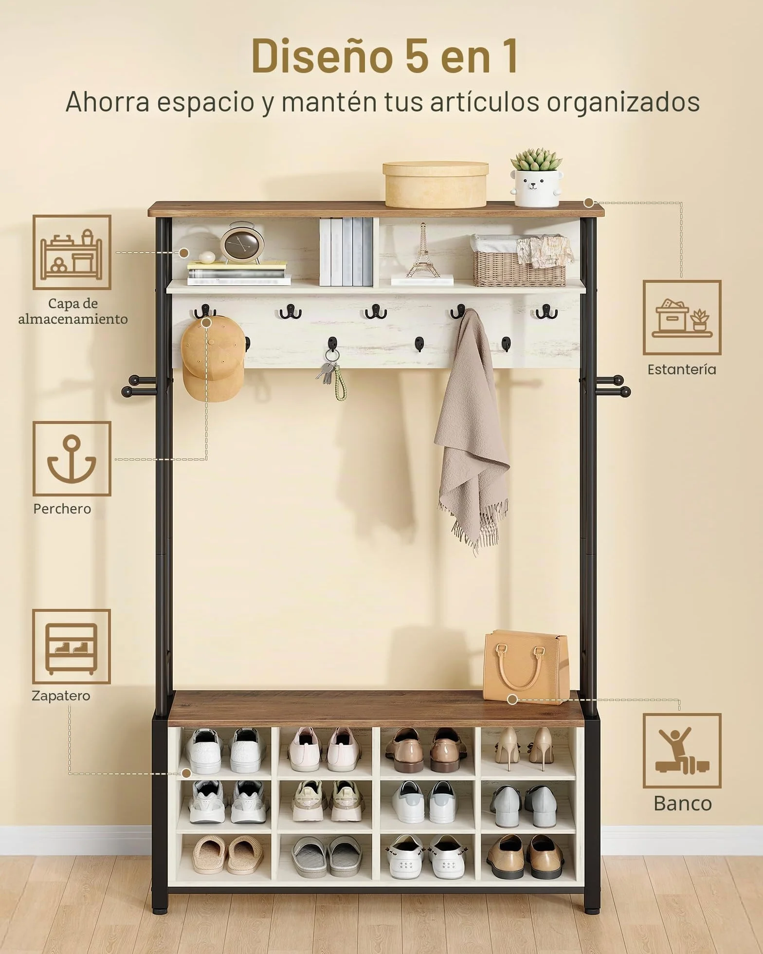 Hzuaneri Perchero Recibidor con Banco Zapatero con 12 Compartimentos, 13 Ganchos, 31 x 110 x 187 cm, Industrial, para Pasillo, Entrada, Marrón y Blanco HT17914B