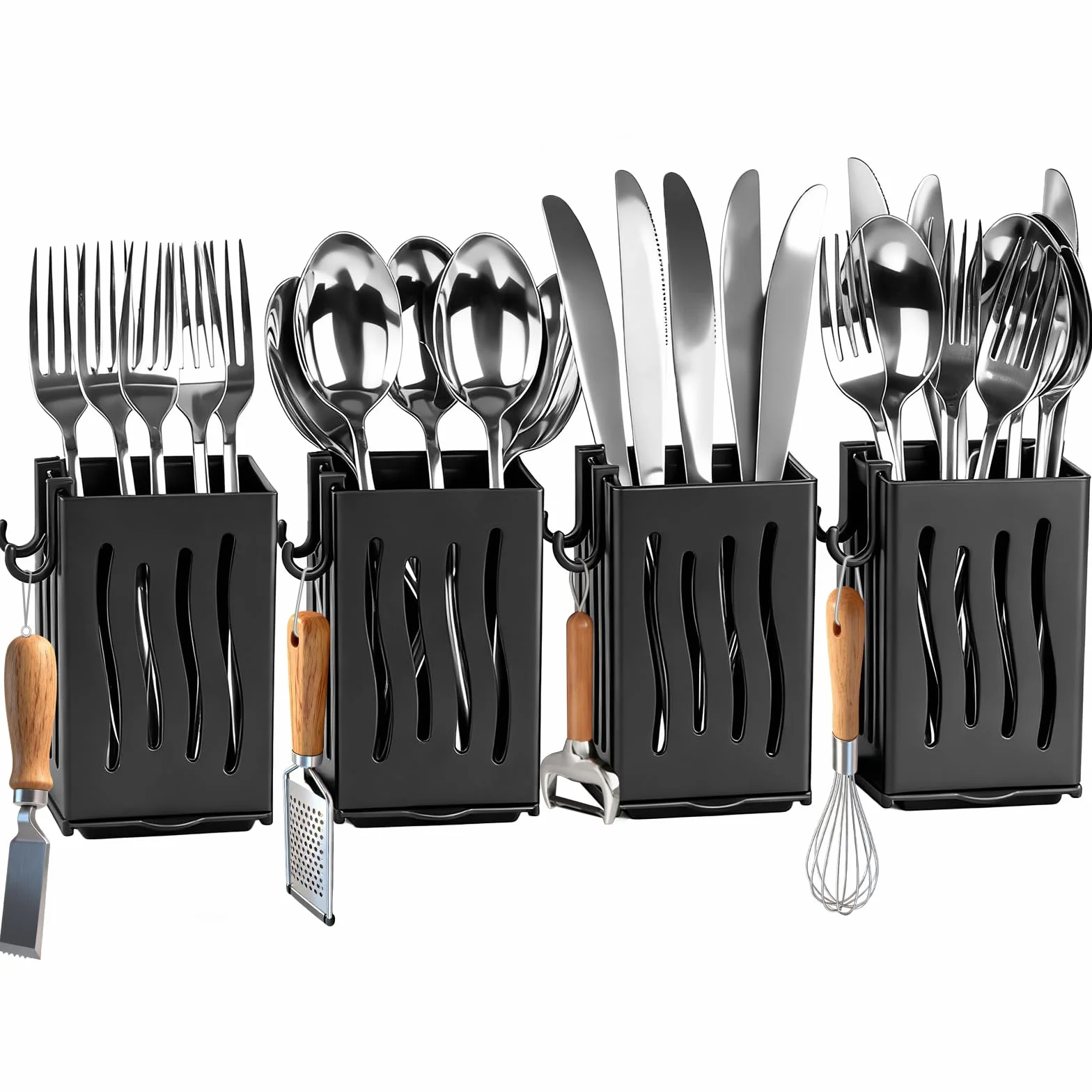 Estante de secado de utensilios, 4 soportes para utensilios de pared, accesorios de cesta de drenaje de cocina, escurridor de platos de plástico, cubiertos, tenedor, cuchara, organizador con