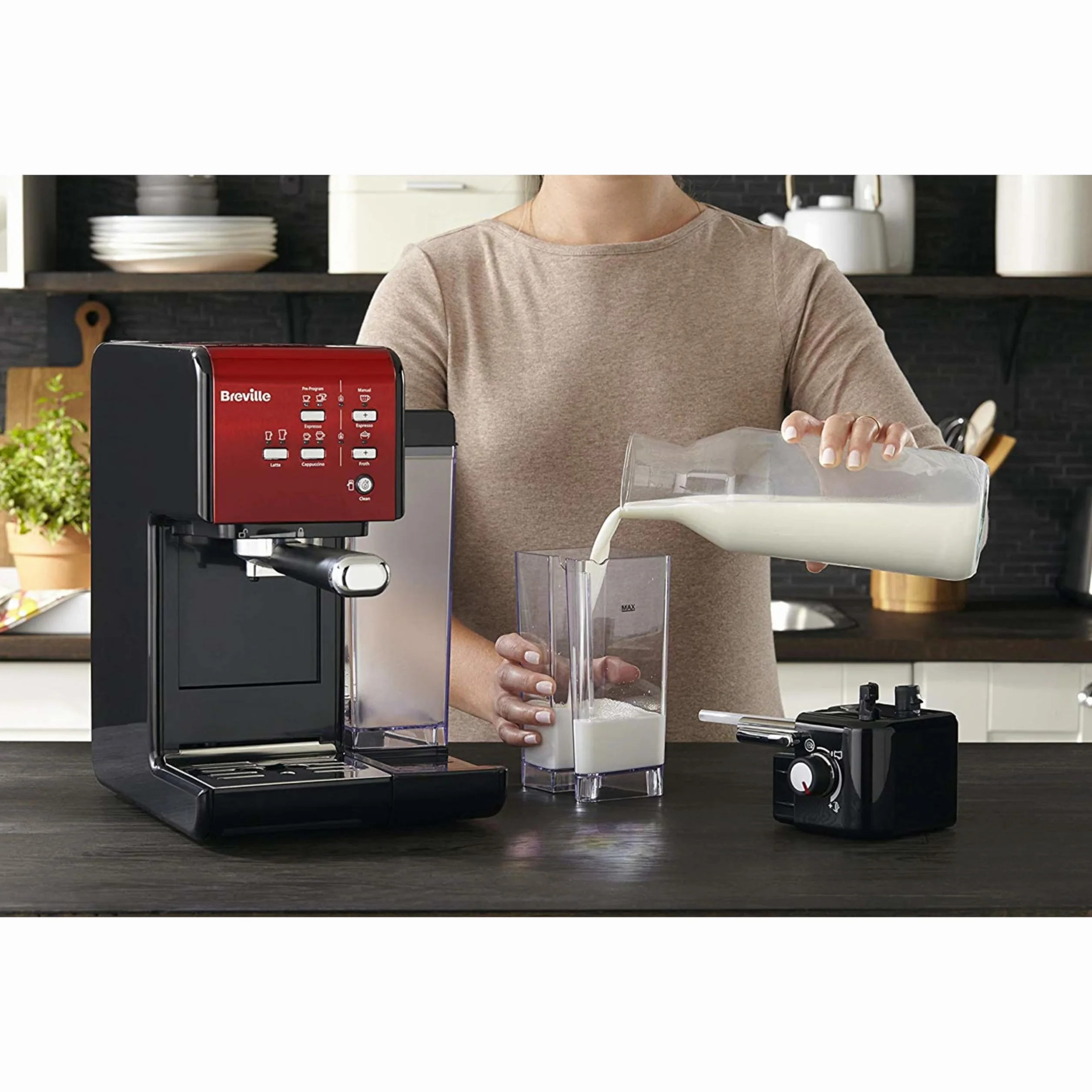 Breville Prima Latte II Espresso | Cafetera para latte y capuchino | Bomba profesional de 15 bares y espumador | Rojo [VCF109X]