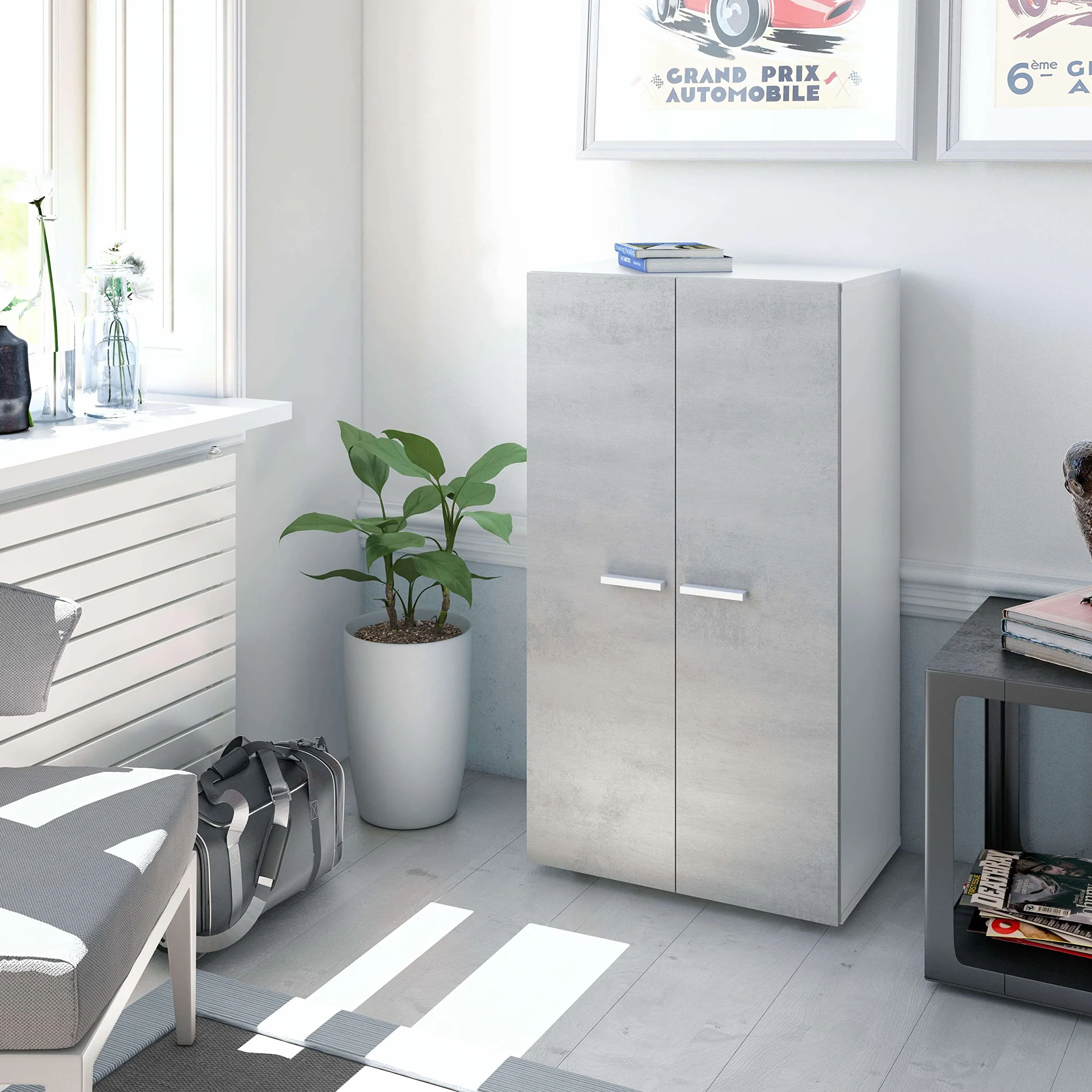 Miroytengo Conjunto Dormitorio Completo Habitación Principal Color Blanco Artik y Cemento (cabecero + 2 mesitas + Armario + Zapatero)