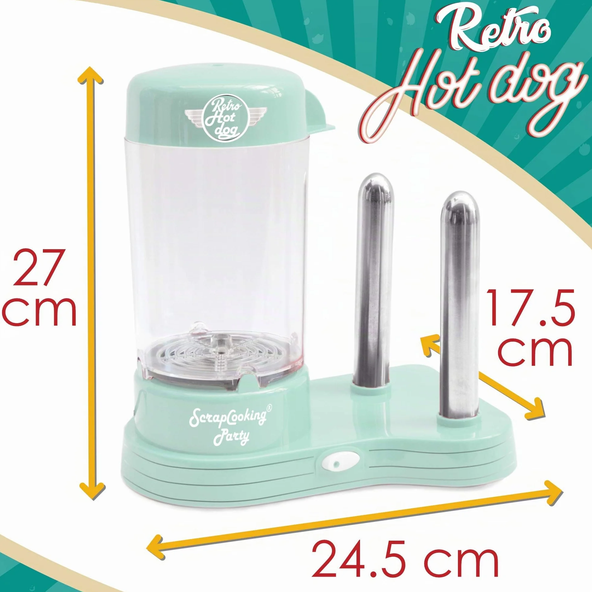 ScrapCooking - Máquina para Perritos Calientes - Máquina para Hacer Auténticos Hot Dogs U.S. - Capacidad para 12 Salchichas y 2 Panes - Estilo Retro Vintage para Fiestas, Barbacoas - Verde - 0601