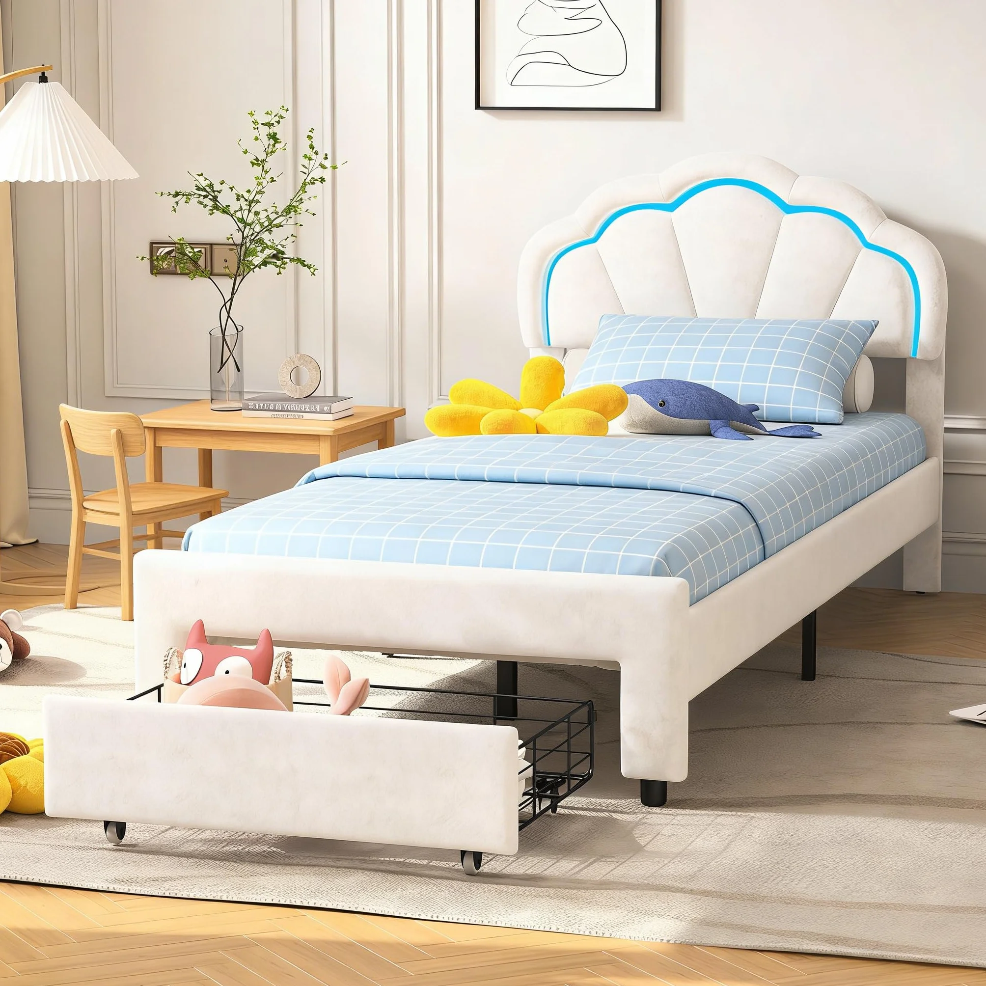 DADEA Cama de Niña Princesa LED con Cajones, Camas Individuales 90x200 Infantiles, Cama Infantil Niña90x200 con Cabecero Cama Niña Adolescente con SomierCamas Infantiles Moderna, Sin colchón