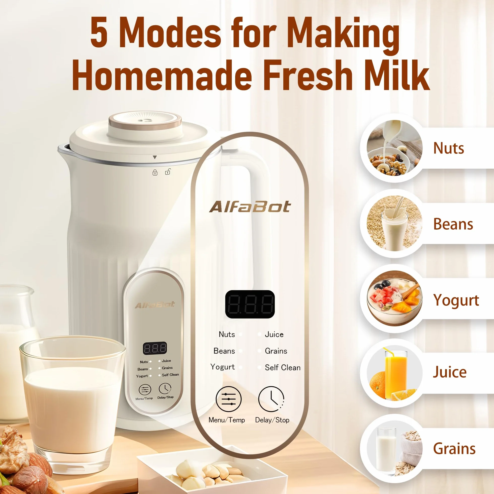 Máquina de Leche Vegetal AlfaBot N2-1L |Automática para Leche de Soja, Avena, Almendras, Yogur | 800W | Rápida y Silenciosa, Libre de BPA, Incluye Recetario