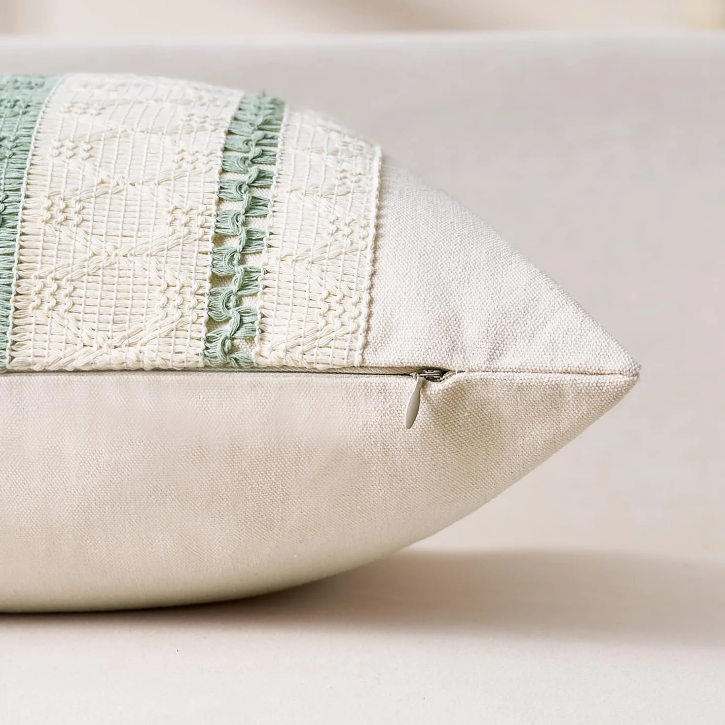 Funda Cojin 30x50 cm Verde Salvia Boho Textura Tejida Algodón Lino Rectángulo Juego de 2