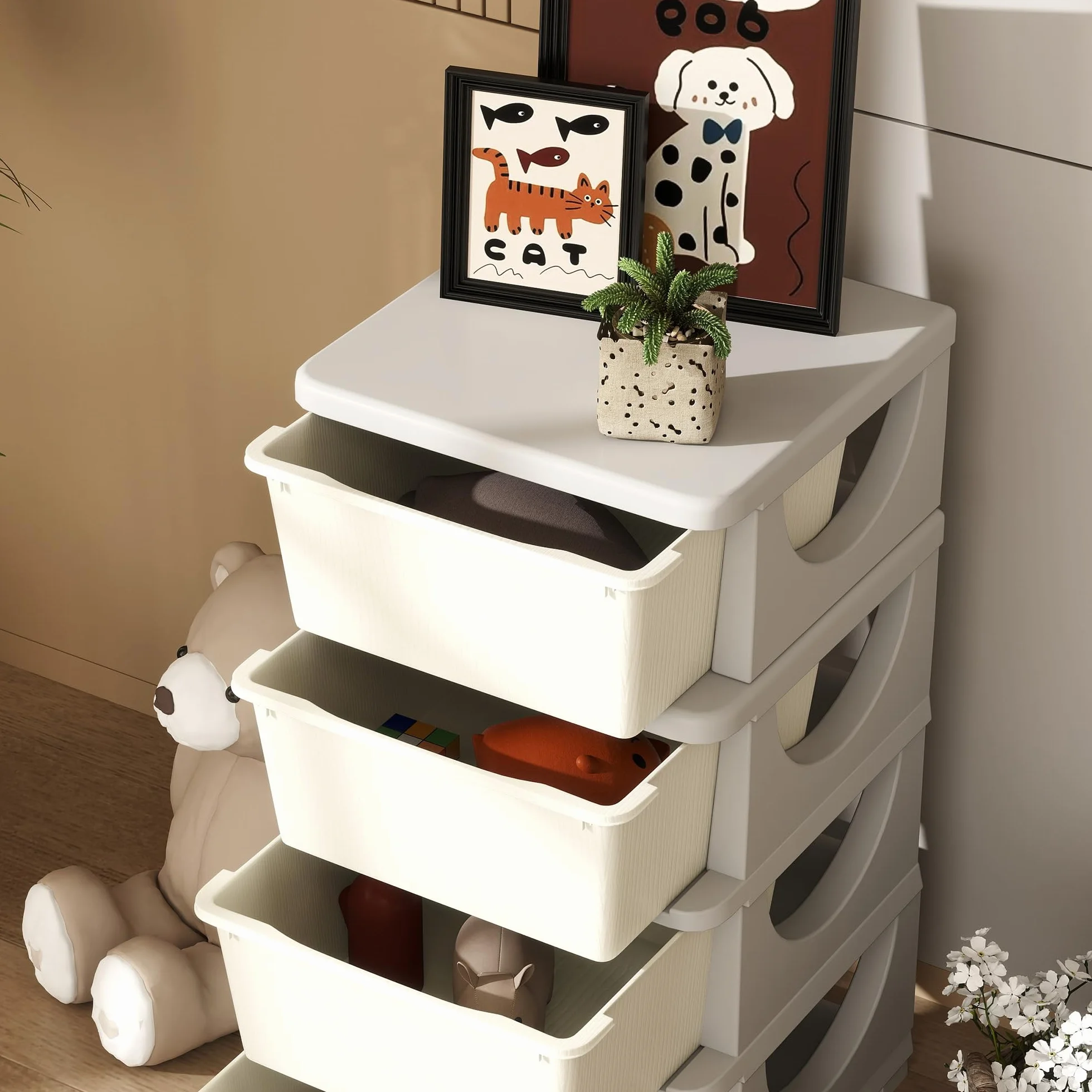 HOMCOM Torre de Almacenamiento Infantil con 4 Cajones, Organizador de Juguetes para Niños de +3 Años, con Bordes Redondeados y Asas, para Guardería, Sala de Juegos, Dormitorio, 37x37x76 cm, Crema