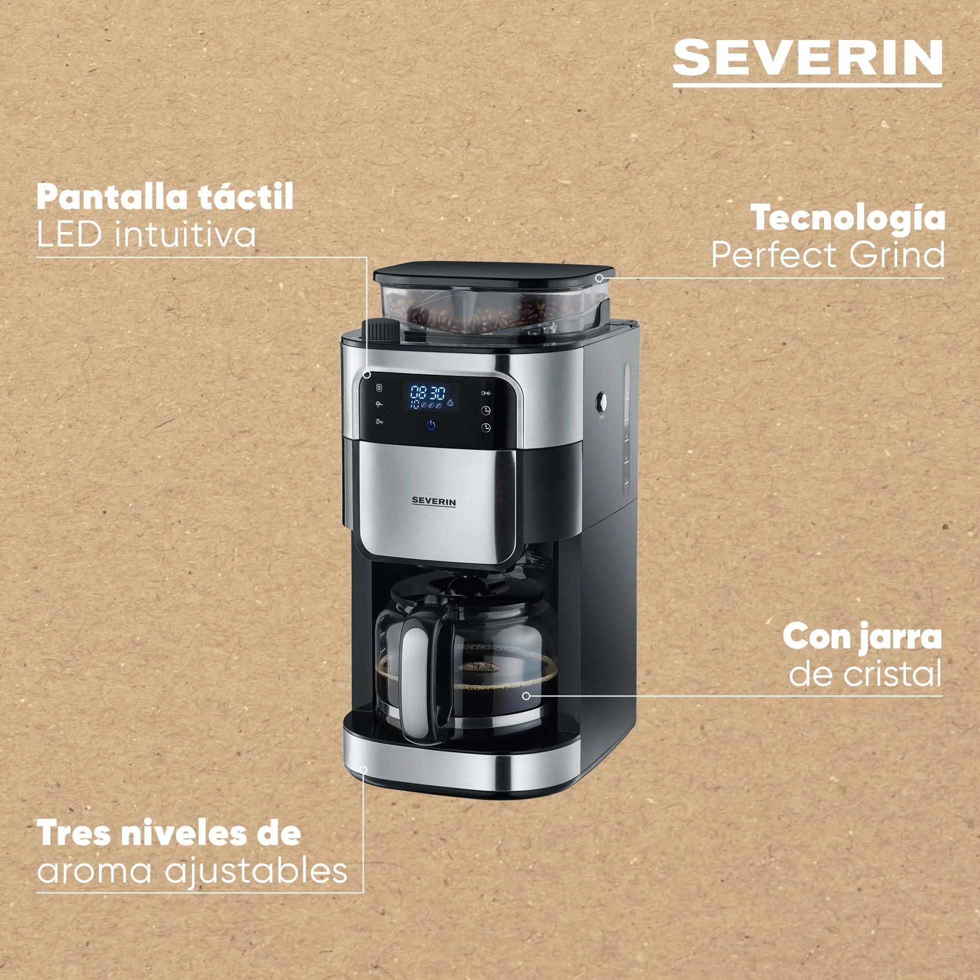 SEVERIN - Cafetera de goteo con molinillo hasta 10 tazas, Cafetera de filtro / Cafetera americana con jarra de cristal de 1l, con pantalla LED con temporizador, Acero inoxidable / Negro, KA 4813