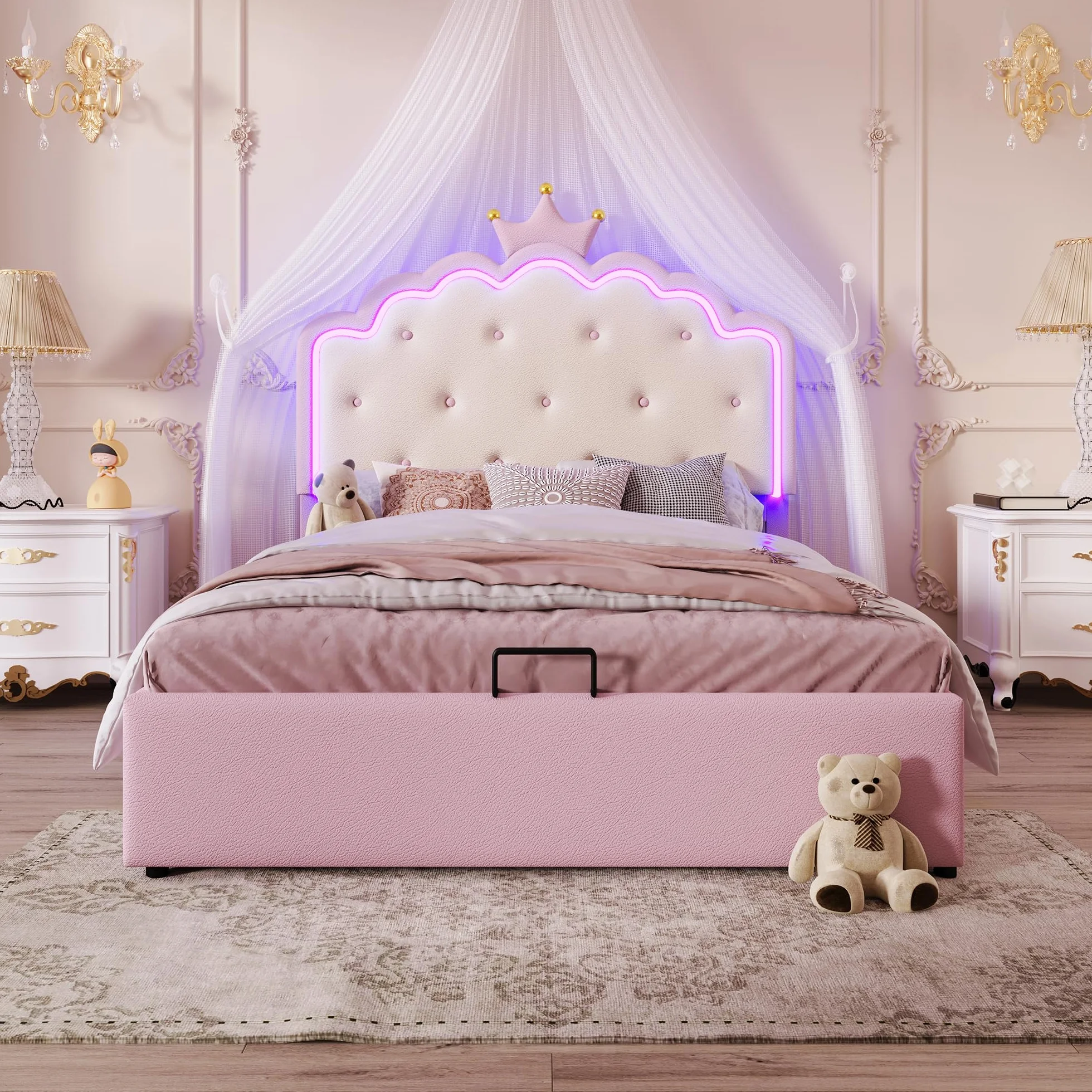 Cama Acolchada 140 x 200 cm,Cama contenedor hidráulico,Cama Individual con luz Ambiental con Mando a Distancia,Forma de Corona de Princesa,Cama con somier,Material PU,para Niños,Rosa