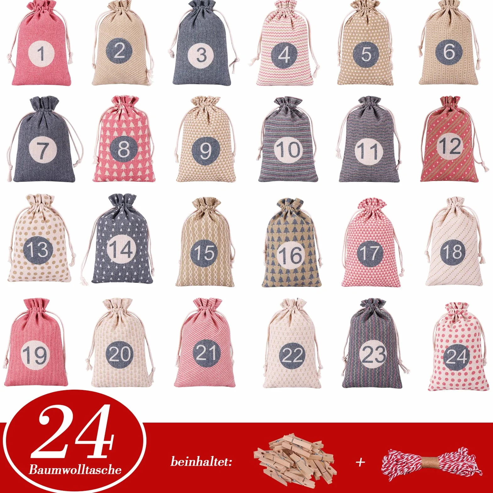 Calendario de Adviento para rellenar, 24 bolsas de tela, autorellenable, juego de manualidades para niños