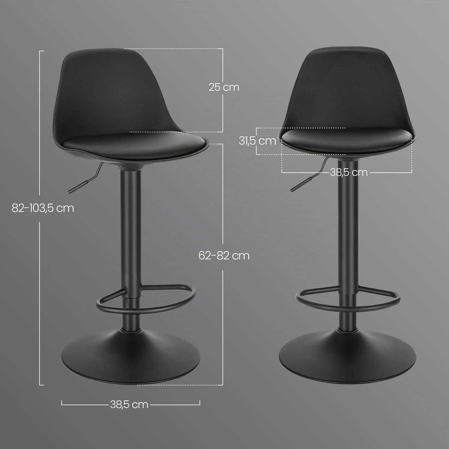 EUGAD Juego de 2X Taburete de Bar Giratorio, con Altura Ajustable Entre 60,5 y 82 cm, Taburete de Cocina, Estructura Metal, con Respaldo y Reposapies, Negro Tinta, Cuero Sintético