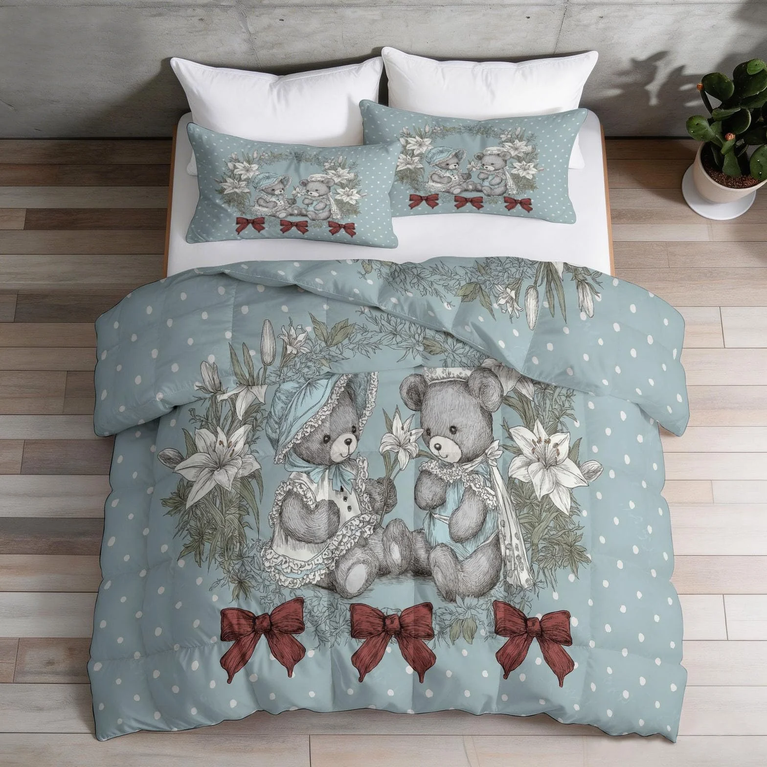 Edredón sin funda de edredón individual de 4,5 tog, 135 x 200 cm, acolchado de verano, estilo shabby chic, oso de peluche y lirio blanco, colcha reversible con estampado de animales, lunares, manta