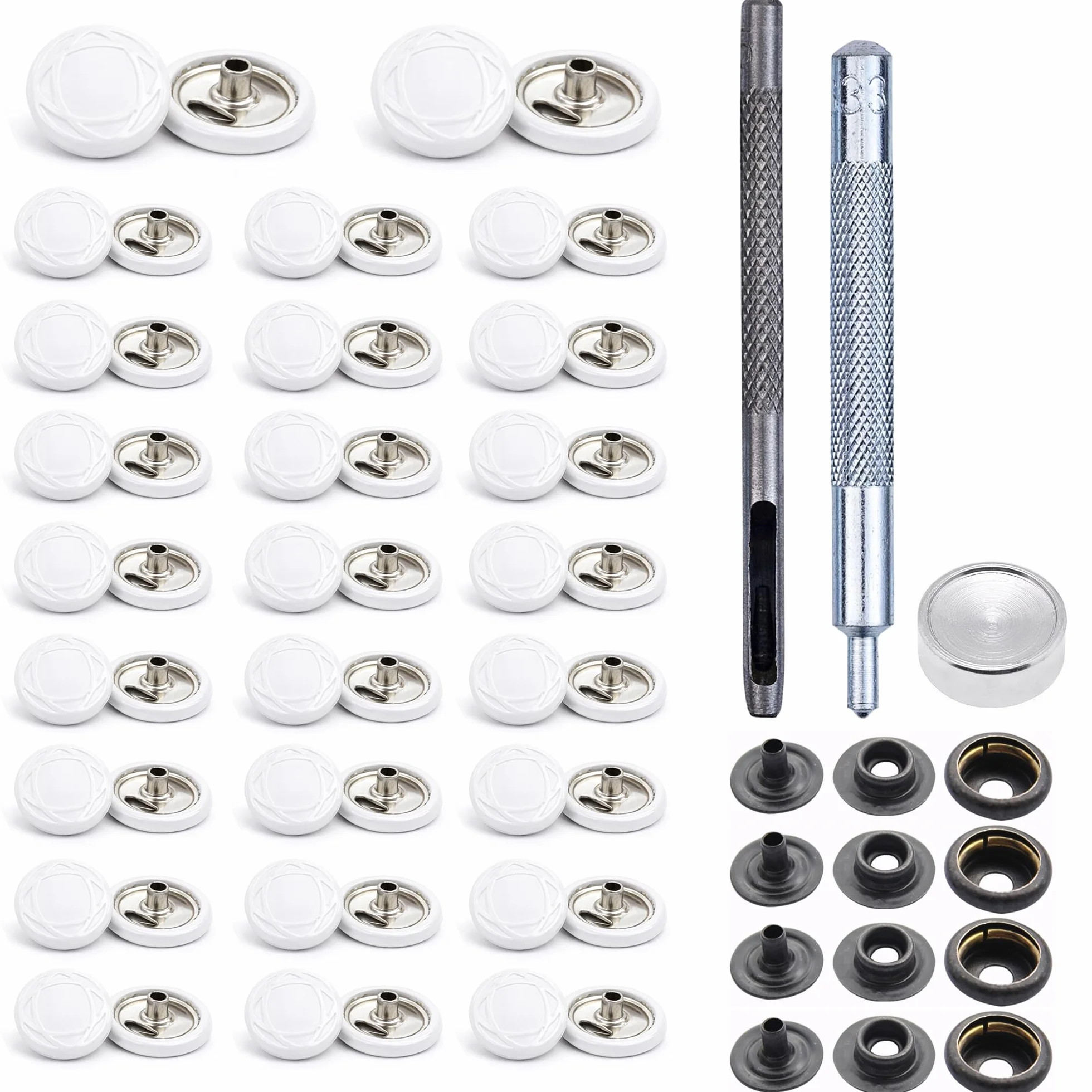 Trimming Shop 15mm Botones a Presión 4 Parte, Durable y Ligero Metal Cierres con Mano Fijación Herramienta para Jeans, Cuero, Tiras Costura Proyectos, Ropa Reparación - Blanco con Diseño, 1000pcs
