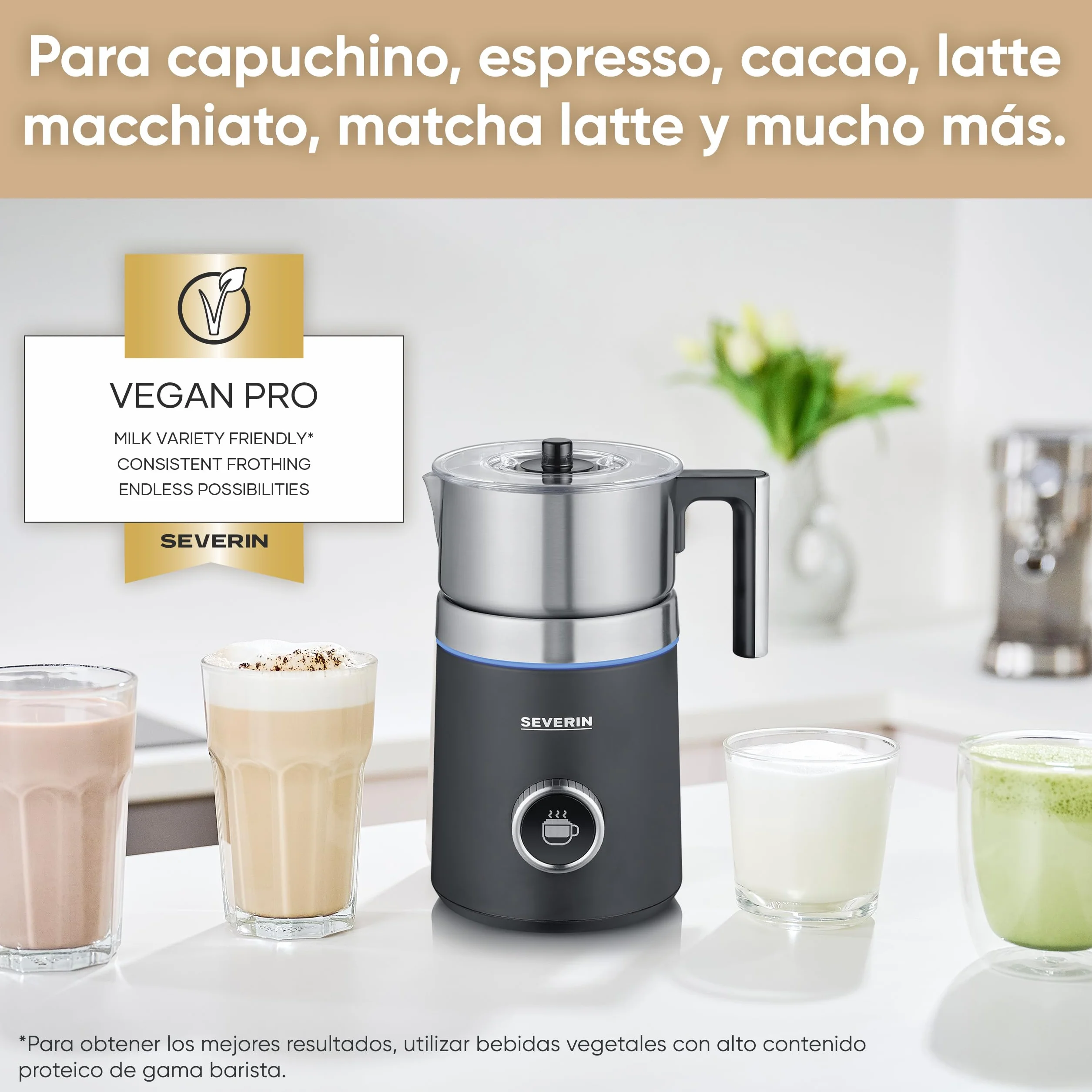 SEVERIN Espumador de leche por inducción Spuma 700 Plus, espumador eléctrico apto para el lavavajillas, bote espumador, acero inoxidable cepillado/negro mate, SM 3587