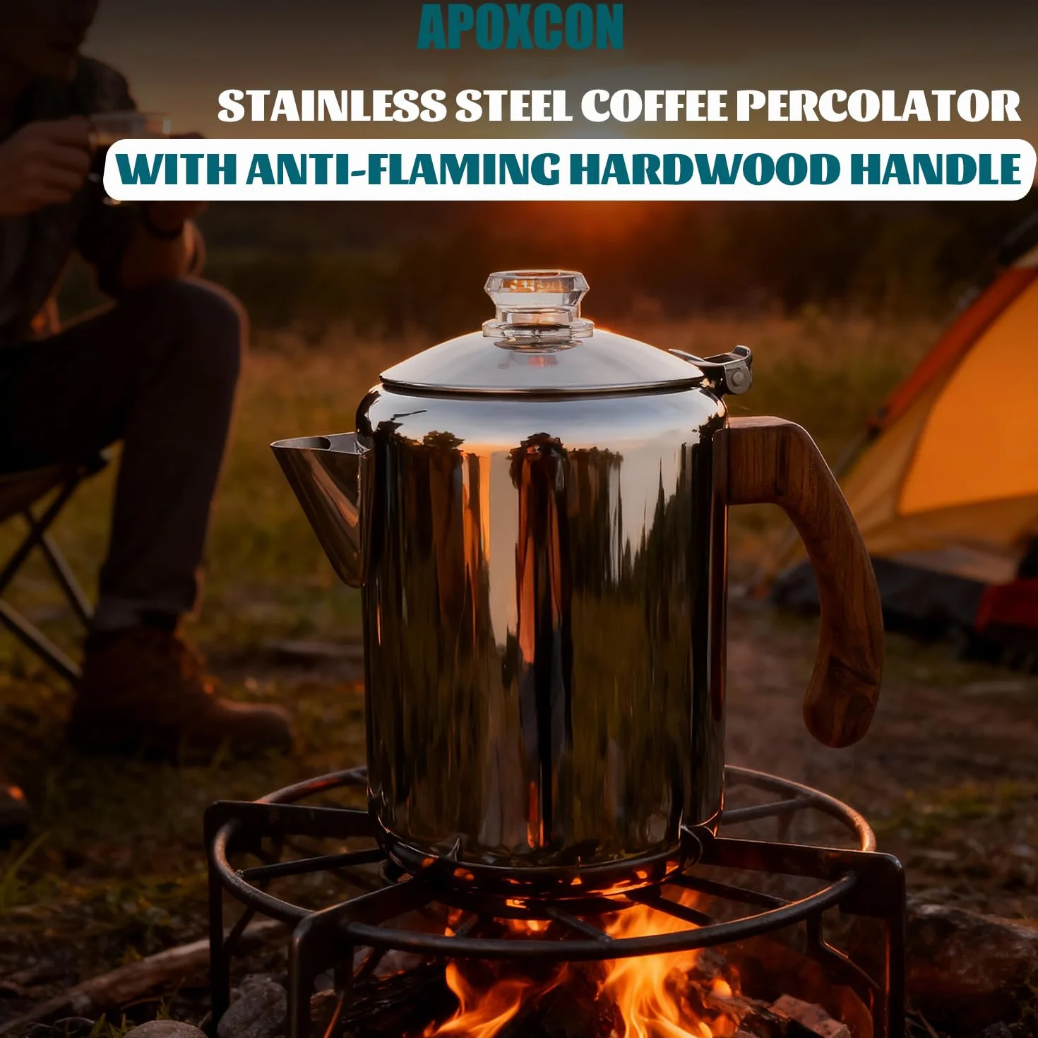 Cafetera percolador de acero inoxidable con perilla de vidrio y mango de madera - para camping y estufa