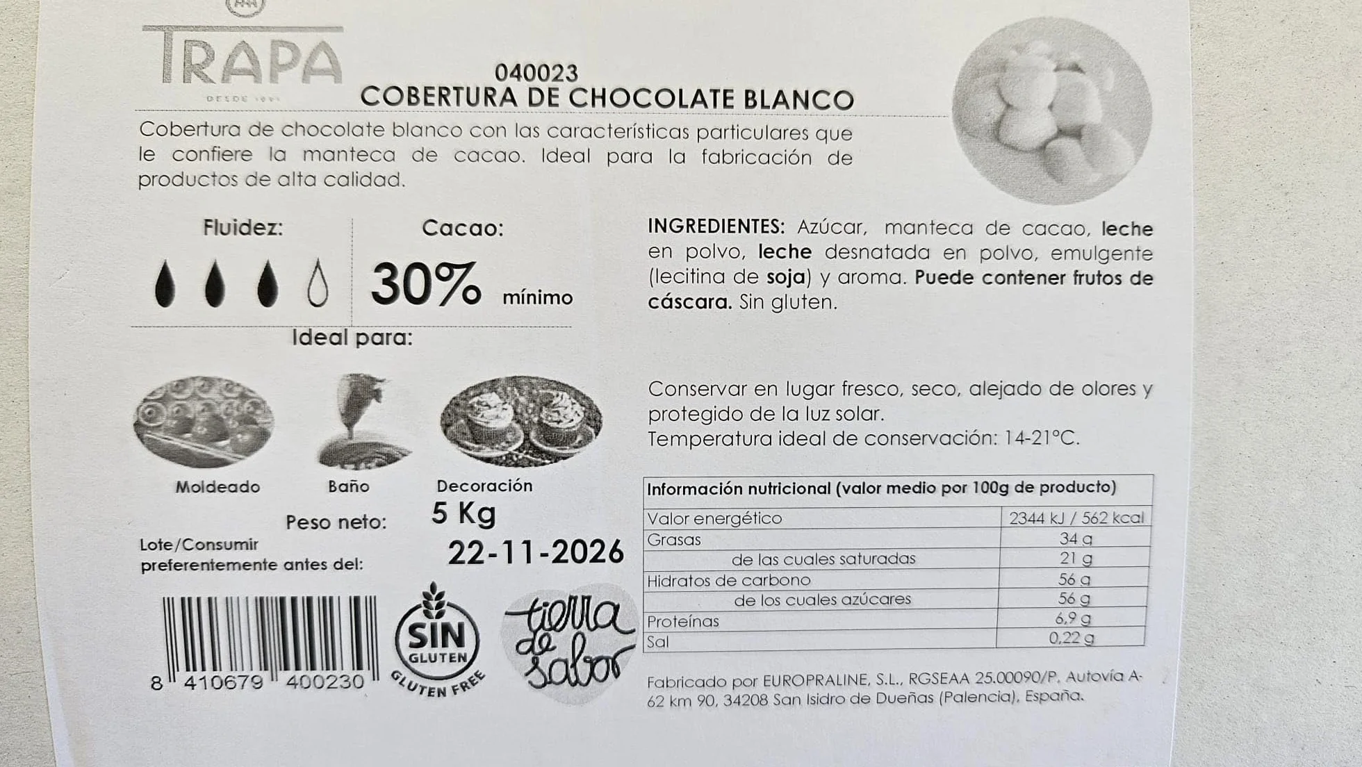Cobertura Chocolate Blanco Trapa 5 kg 30% Cacao Gotas Choco White Extra
