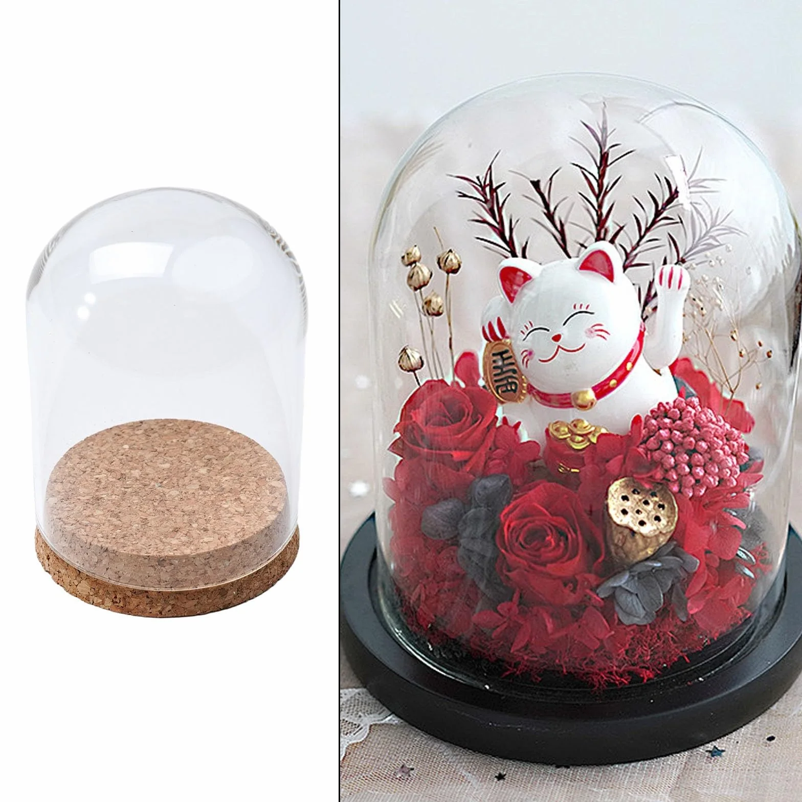 Gdfnmogo Cubierta de cúpula de cristal para plantas suculentas y flores, cristal transparente hecho a mano con base de corcho de madera natural, decoración de mesa para sala de estar, dormitorio