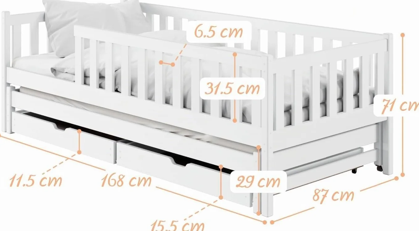 Kids Collective Cama Infantil con Nido y Dos cajones, protección anticaídas y somier, Cama Infantil | Otros tamaños: 80x180, 90x190, 90x200cm | 80x160 cm: de 3 a 10 años, Color Blanco