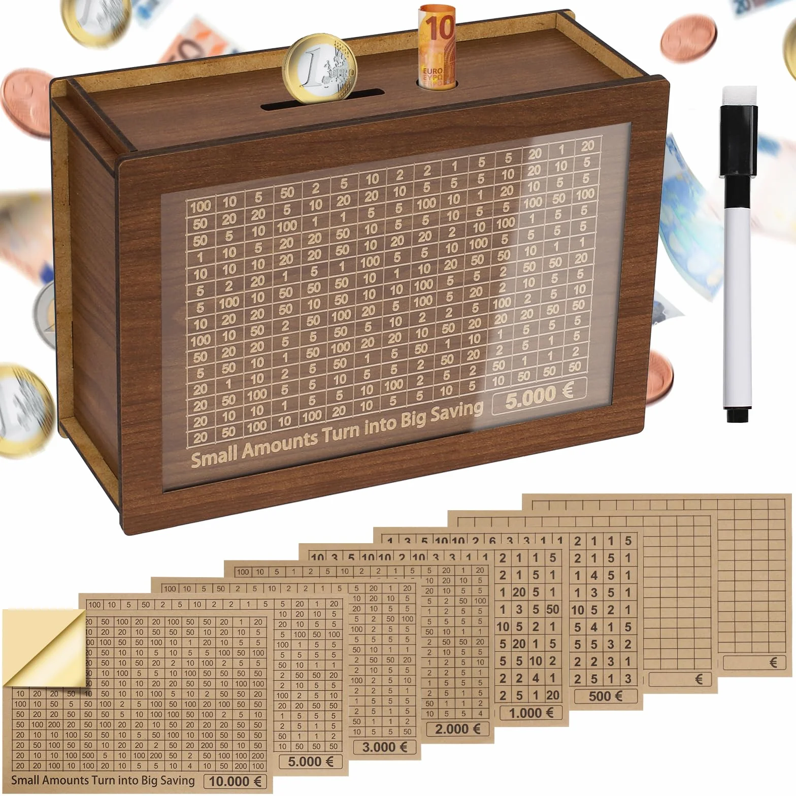 Hucha de Madera con Contador de Ahorro Reutilizable 500-10000€ Alyvisun