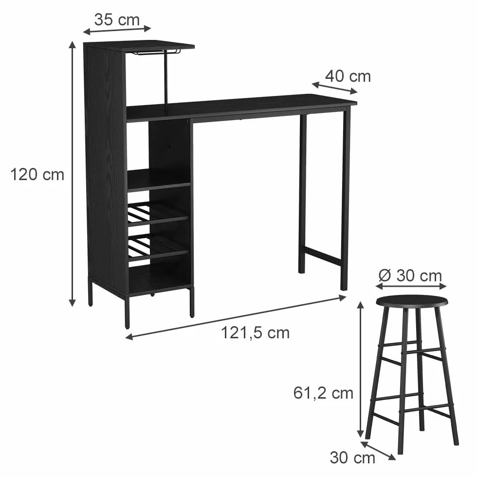 Vicco Juego de Mesa de Bar Naila, Negro, 121.5 x 40 cm con 2 taburetes, Apto como Comedor con Superficies de Almacenamiento para Guardar Objetos