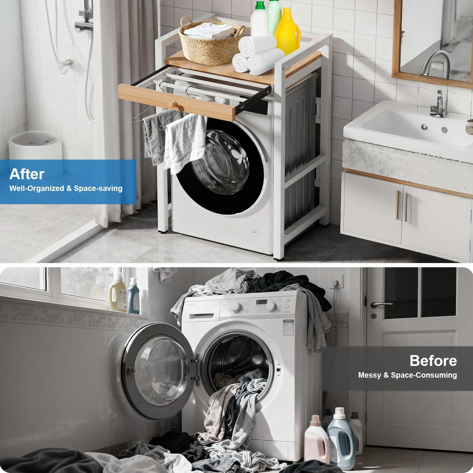 Mueble Lavadora Secadora, Estante Organizador de Baño Ahorra Espacio, Mueble para Lavadora Apto para Lavadora y Secadora, 350 kg de Carga, 73 x 63 x 105cm
