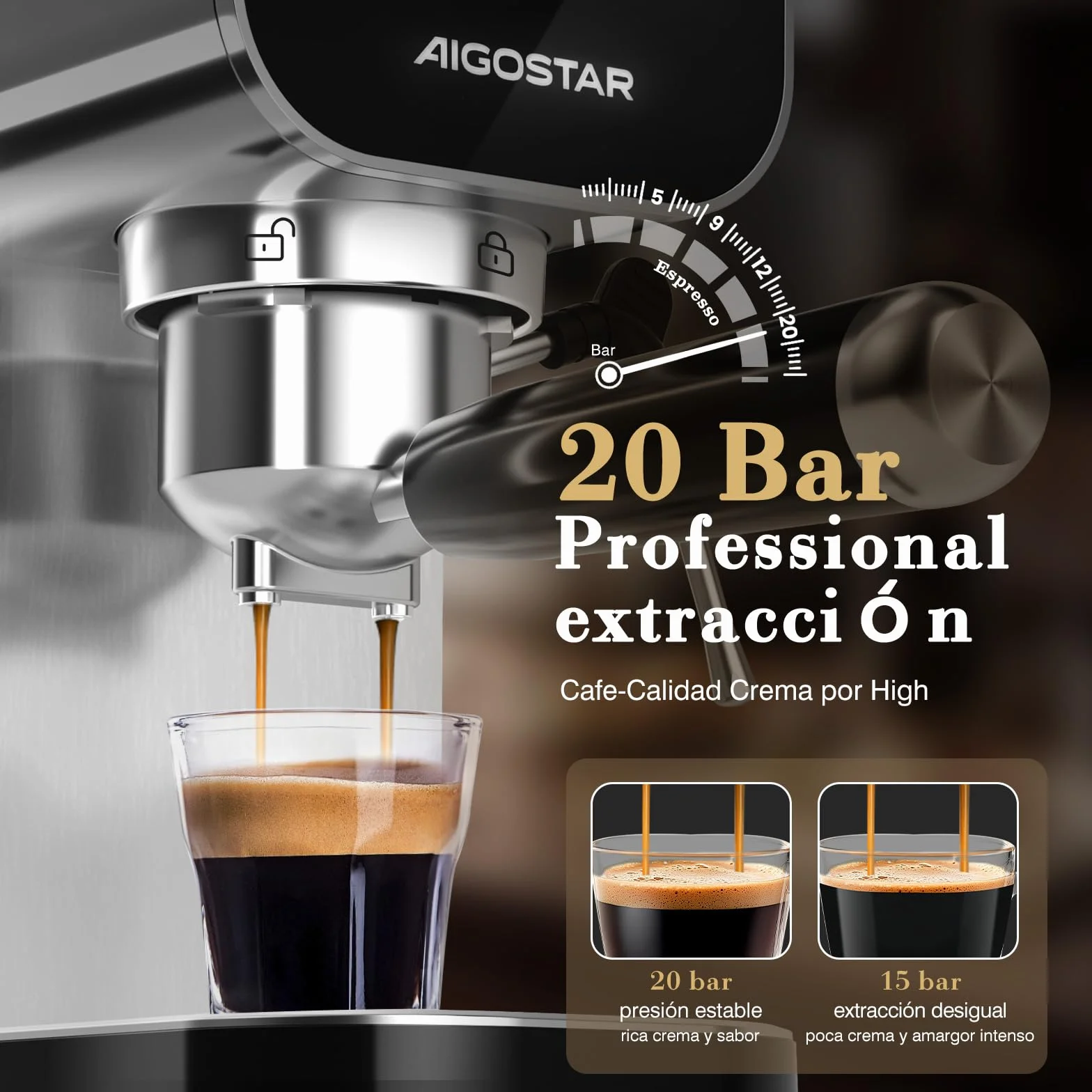 Aigostar Barista - Cafetera Espresso y Capuccino, Compatible con cápsulas y café molido, 20 Bares, Panel Táctil Digital, 1 o 2 tazas, Máquina de café con espumador de leche, 0.9L, 1350W, Inox