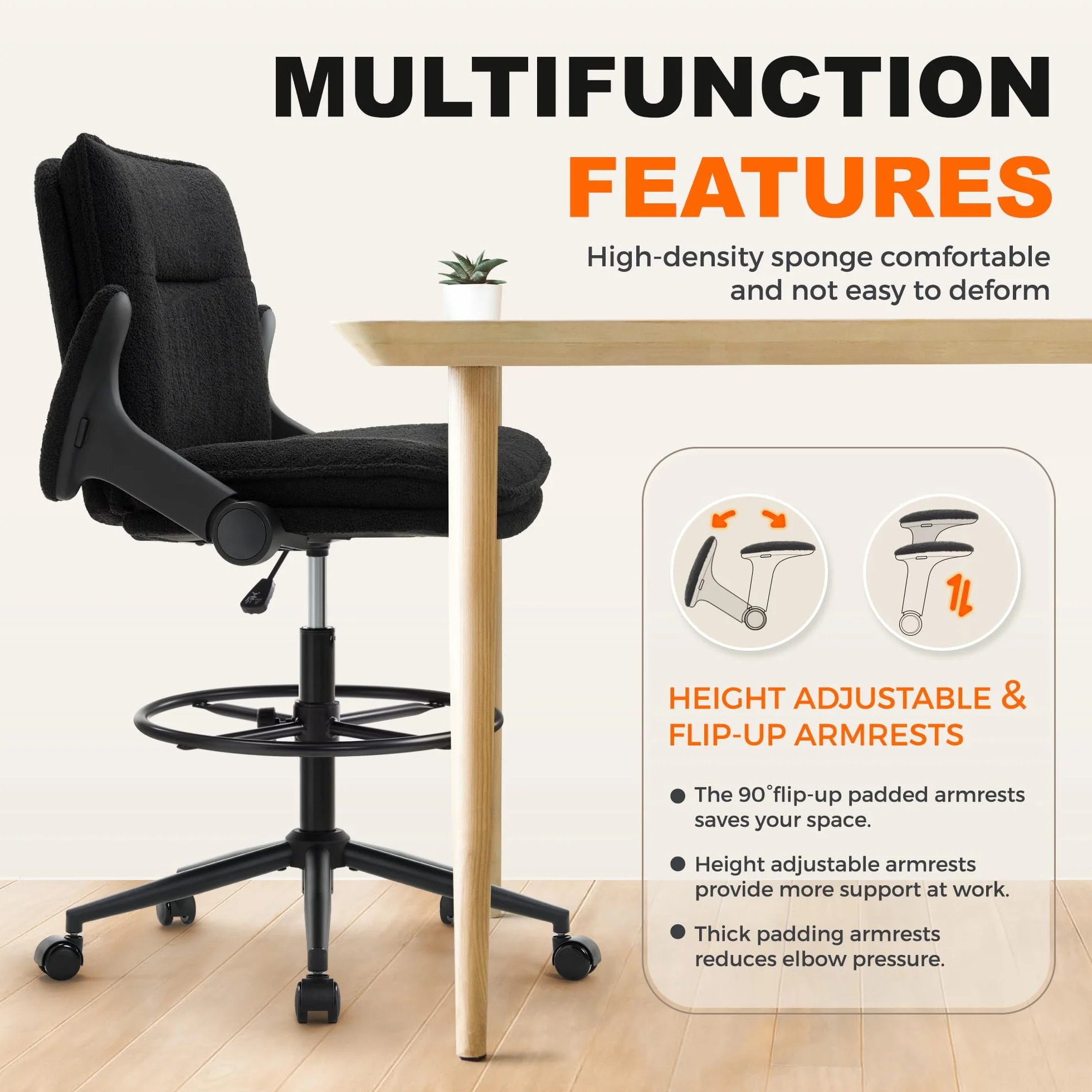 Silla de trabajo ergonómica regulable en altura, giratoria con reposapiés ajustable y reposabrazos plegables negra